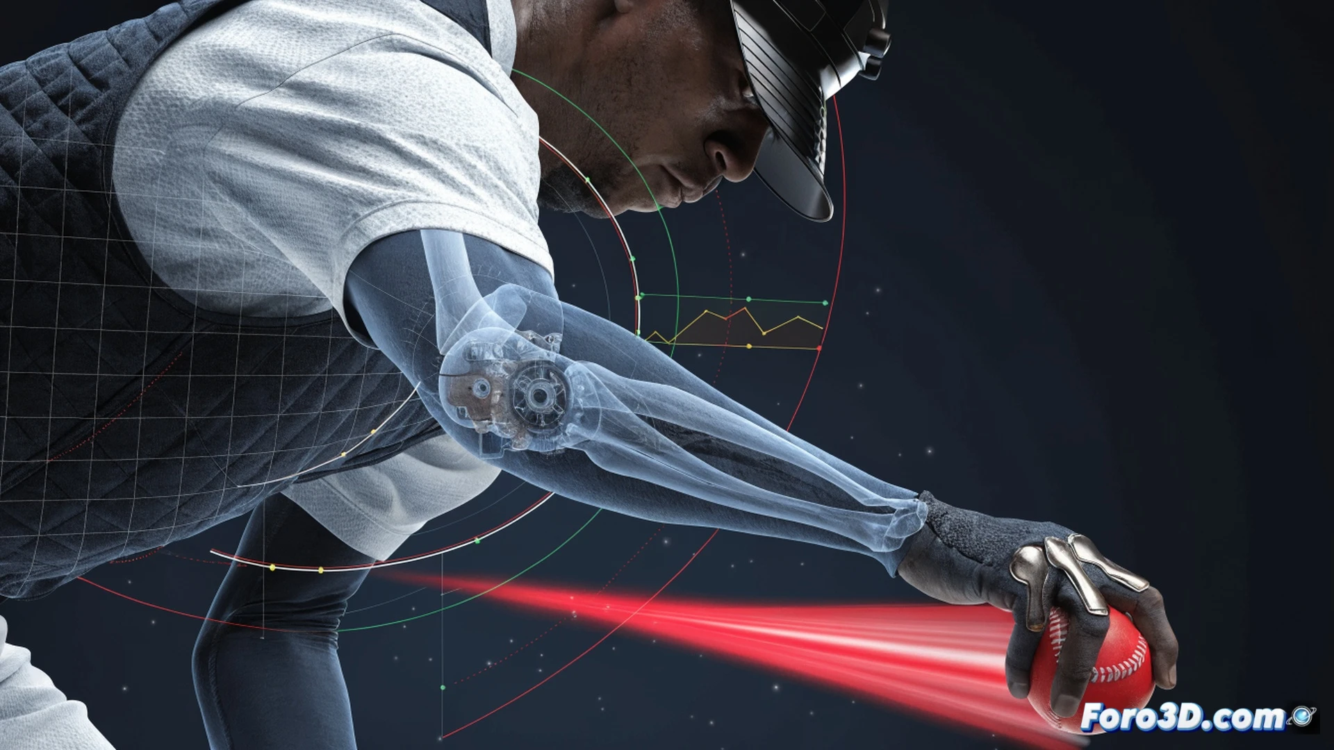 biomechanical 3D analysis of a cricket bowler in explosive delivery stride, angular velocity vectors traced along shoulder and hip rotation, ground reaction force arrows surging through rear leg into front foot, high-speed camera rigs surrounding the action, wireframe skeleton overlay showing joint angles at release point, cinematic engineering visualization, dark studio background with dramatic rim lighting, photorealistic muscle and tendon definition, motion blur on the ball leaving the hand, glowing data points tracking elbow extension and wrist snap, ultra-detailed athletic form in mid-action