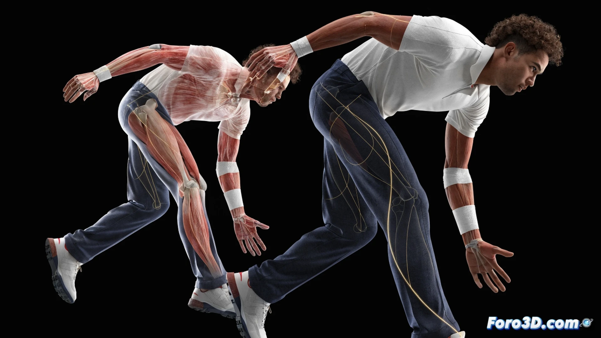 Daryl Mitchell mid-swing in a biomechanical cricket analysis, 3D skeleton overlay showing torque in hips and shoulders, bat angled at impact zone, glowing motion lines tracking bat arc from backlift to contact, technical engineering visualization, wireframe muscles and joint angles highlighted in neon blue, cricket pitch with stumps in background, photorealistic render with cinematic lighting, dramatic shadows emphasizing kinetic energy, ultra-detailed sports biomechanics study