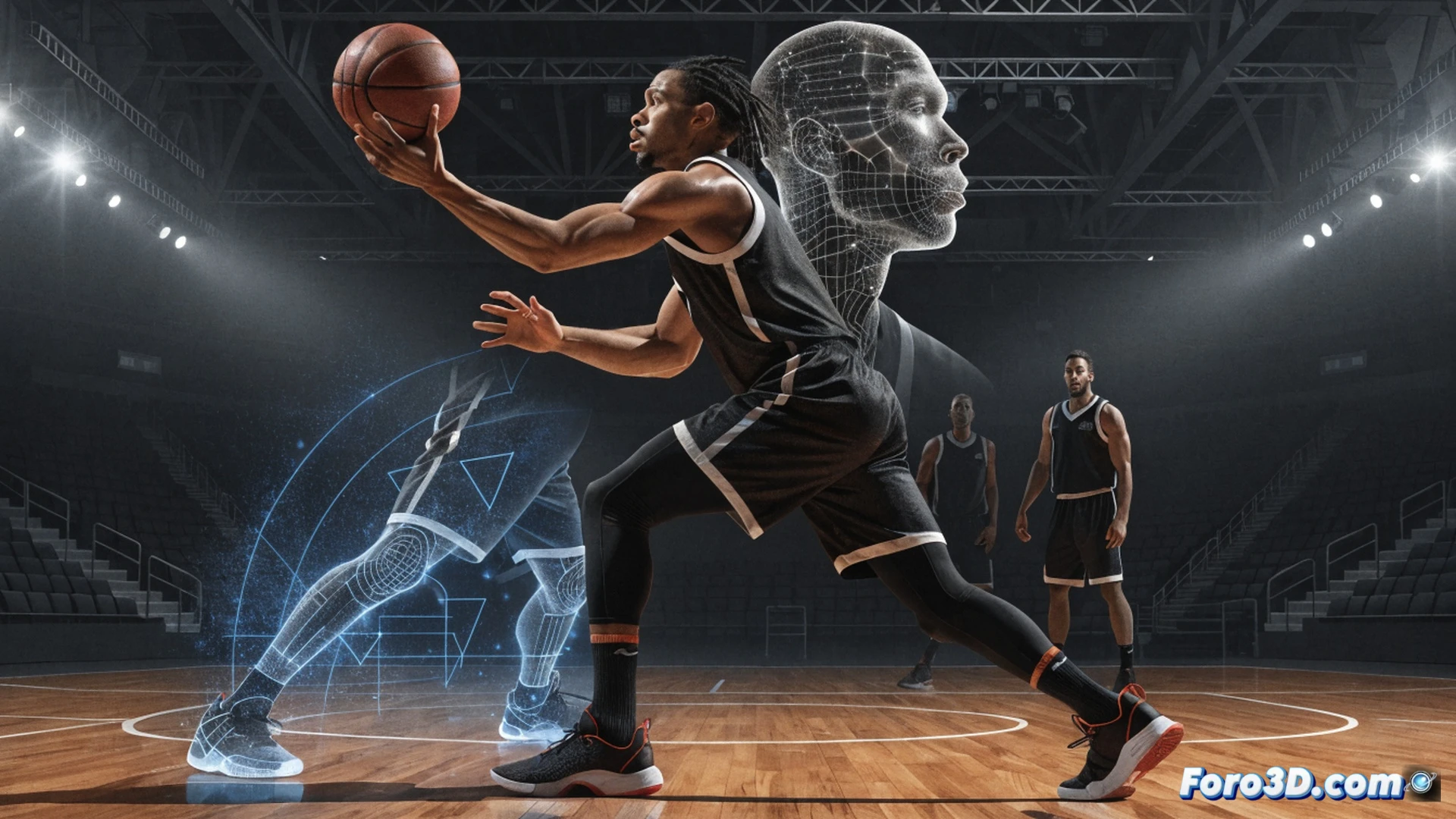 basketball player Desmond Bane in triple-threat position, wide base with feet planted, rapid release during shooting motion, ball leaving fingertips with high arc, defensive player lunging late, technical 3D analysis overlays showing joint angles and release speed vectors, biomechanical lines tracking shoulder rotation, photorealistic sports science visualization, arena lighting, muscle tension visible, motion blur on defender, glowing trajectory path, detailed shoe grip on court, cinematic slow-motion effect