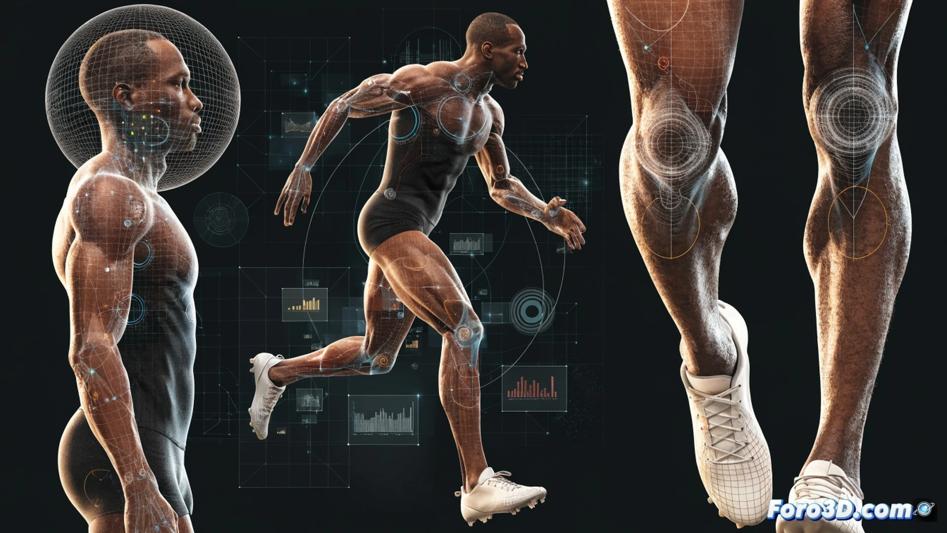 Photorealistic 3D biomechanical analysis of Didier Drogba mid-stride, powerful leg muscles contracting while protecting a football with his back to goal, low center of gravity emphasized by glowing skeletal overlay and force vectors, defensive player attempting to tackle from behind, stadium grass pitch with motion blur, dynamic cinematic lighting from floodlights, technical illustration style with transparent muscle layers and joint torque lines, hyper-detailed skin texture and sweat droplets, engineering visualization aesthetic, action frozen at moment of impact resistance