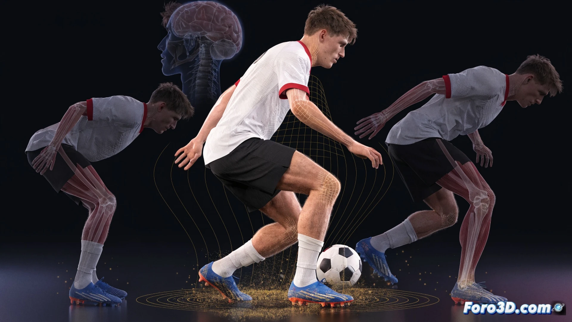 Low center of gravity biomechanical analysis of Florian Wirtz in motion, right ankle bending at extreme angle while changing direction on grass, translucent 3D skeleton overlay showing joint elasticity and muscle fiber tension, glowing trajectory lines tracing foot path and speed vectors, motion blur on turf blades, technical engineering visualization, wireframe mesh on lower body, soft stadium floodlighting, realistic skin texture, photorealistic sports science render