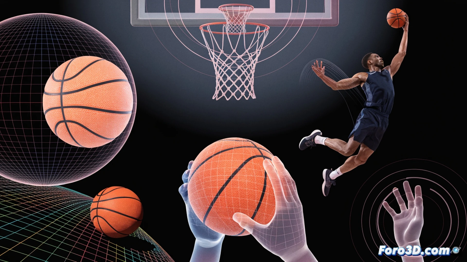 Jayson Tatum mid-air during a step-back jumper, three-dimensional wireframe overlay tracing his shooting arm angle, hip rotation, and foot placement, basketball spinning with motion trails showing spin axis, biomechanical analysis lines connecting joints in glowing cyan, technical engineering visualization, dark hardwood court with subtle grid projection, high-speed camera aesthetic, freeze-frame action with ghosted movement phases, dramatic arena lighting with rim light, photorealistic sports science render