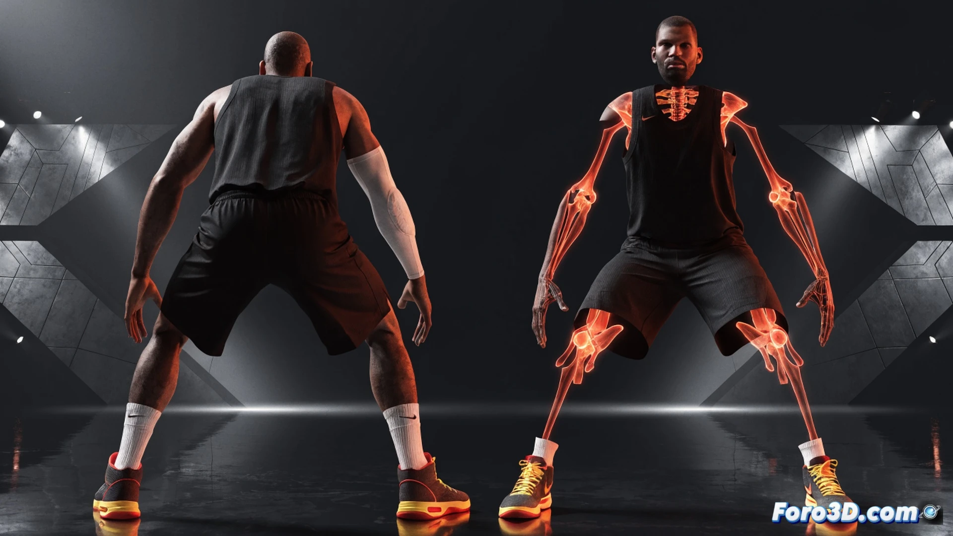 3D motion analysis of Joel Embiid executing a post-up move, low center of gravity visualized as a glowing pivot point near his hips, wide stride creating acute shooting angles, defensive player displaced by geometric force lines, basketball leaving his fingertips with arc trajectory highlighted in red, wireframe skeleton overlay showing joint rotation, photorealistic sports biomechanics render, dark arena background, volumetric lighting from above, muscle fiber tension visible through translucent skin effect, technical engineering visualization with angular measurement markers floating in space, sweat droplets frozen in motion, high-contrast dramatic shadows, ultra-detailed jersey fabric physics simulation