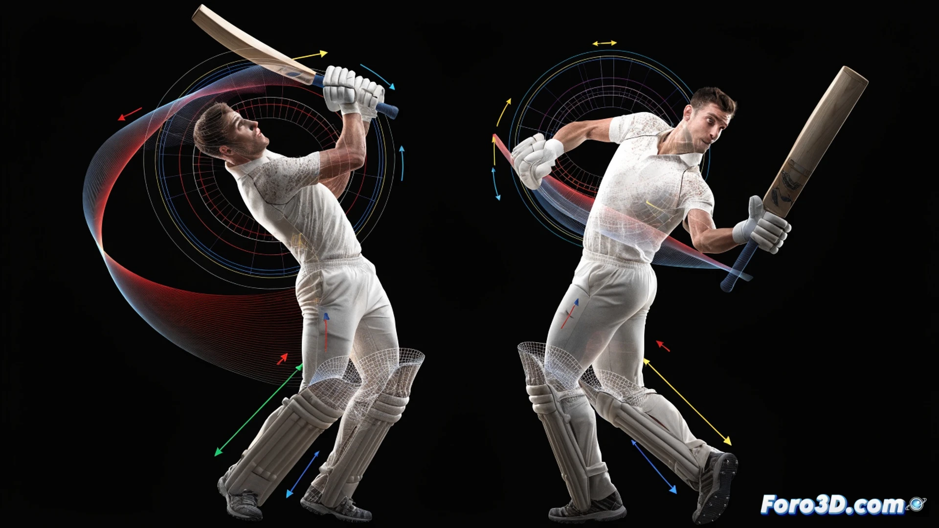 cricket batsman Jos Buttler executing a reverse ramp shot in a biomechanical 3D analysis scene, motion capture markers on his wrists and shoulders, glowing wireframe skeleton overlaid on his body showing torque and rotational force vectors, cricket ball traveling in a high arc over wicketkeeper, bat face angled at 45 degrees, stadium background faded into dark technical grid, kinematic joint angles displayed as dashed lines, muscle activation zones highlighted in red and blue, engineering visualization style, photorealistic skin texture with translucent overlay, dramatic side lighting, ultra-detailed bat carbon fiber grain, ball seam visible with spin axis arrow, cinematic technical render