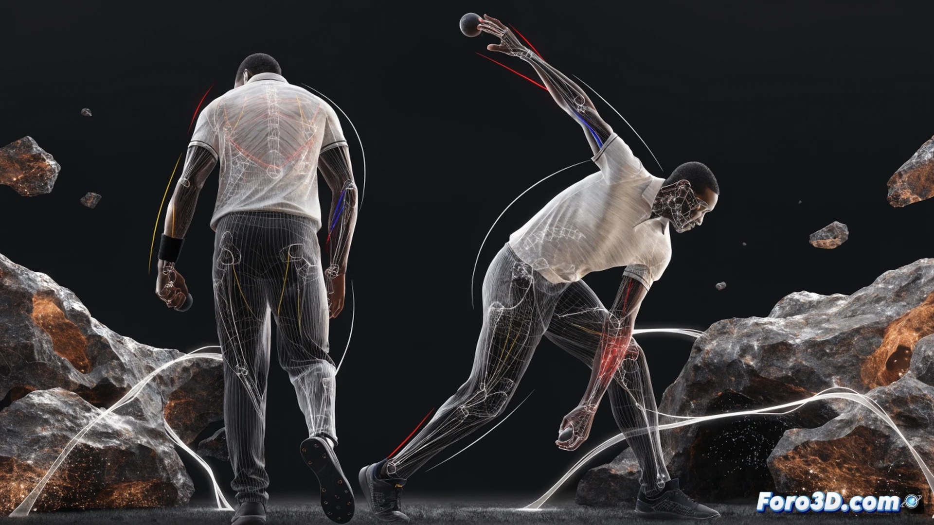 biomechanical 3D analysis of Kagiso Rabada bowling motion, spine angle at 45 degrees during delivery stride, front leg braced at impact showing knee hyperextension, back leg following through with hip rotation, right arm whipping past the ear at release point, wrist snap creating seam position, motion capture dots on joints tracing kinetic chain, wireframe skeleton overlay showing torque vectors, high-speed camera perspective from side angle, engineering visualization style, blue and orange heatmap gradients on muscles, stadium background blurred, dramatic low-key lighting, photorealistic medical scan aesthetic, ultra-detailed musculature and tendon tension