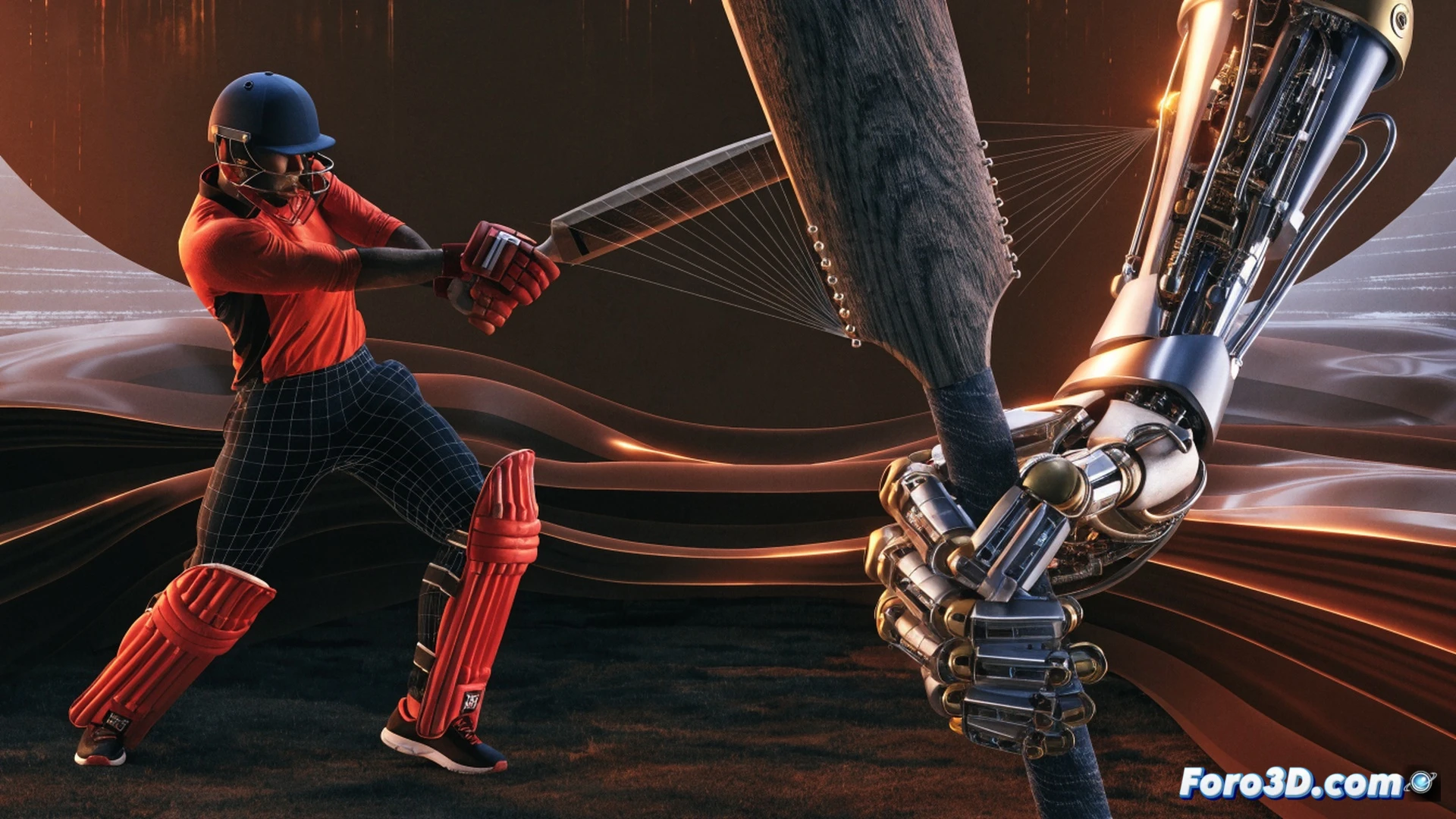 cricketer Kusal Perera in mid-swing, biomechanical 3D motion capture overlay showing dynamic weight shift and variable bat angle, real-time force vectors tracing from feet through hips to wrists, cricket ball at 150 km/h approaching with visible seam and swing, glowing skeletal joint markers highlighting torque transfer, dark stadium background with floodlight beams, cinematic engineering visualization, photorealistic technical render, ultra-detailed muscle definition under jersey, motion blur on bat edge, particle trails off ball