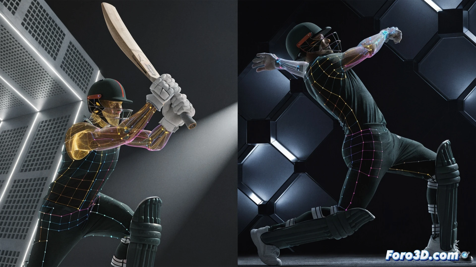 cricket player mid-swing biomechanical 3D analysis, transparent skeletal overlay showing shoulder rotation angle and hip torque, low center of gravity highlighted with glowing red pivot point on back foot, bat trajectory arc traced with orange motion lines, wrist snap during spin delivery on second frame, dual-viewport technical visualization with wireframe muscle layers and joint angle measurements, dark studio background with grid floor, volumetric lighting casting sharp shadows, photorealistic engineering render with metallic cricket gear, cinematic depth of field, muscle fiber tension lines in blue
