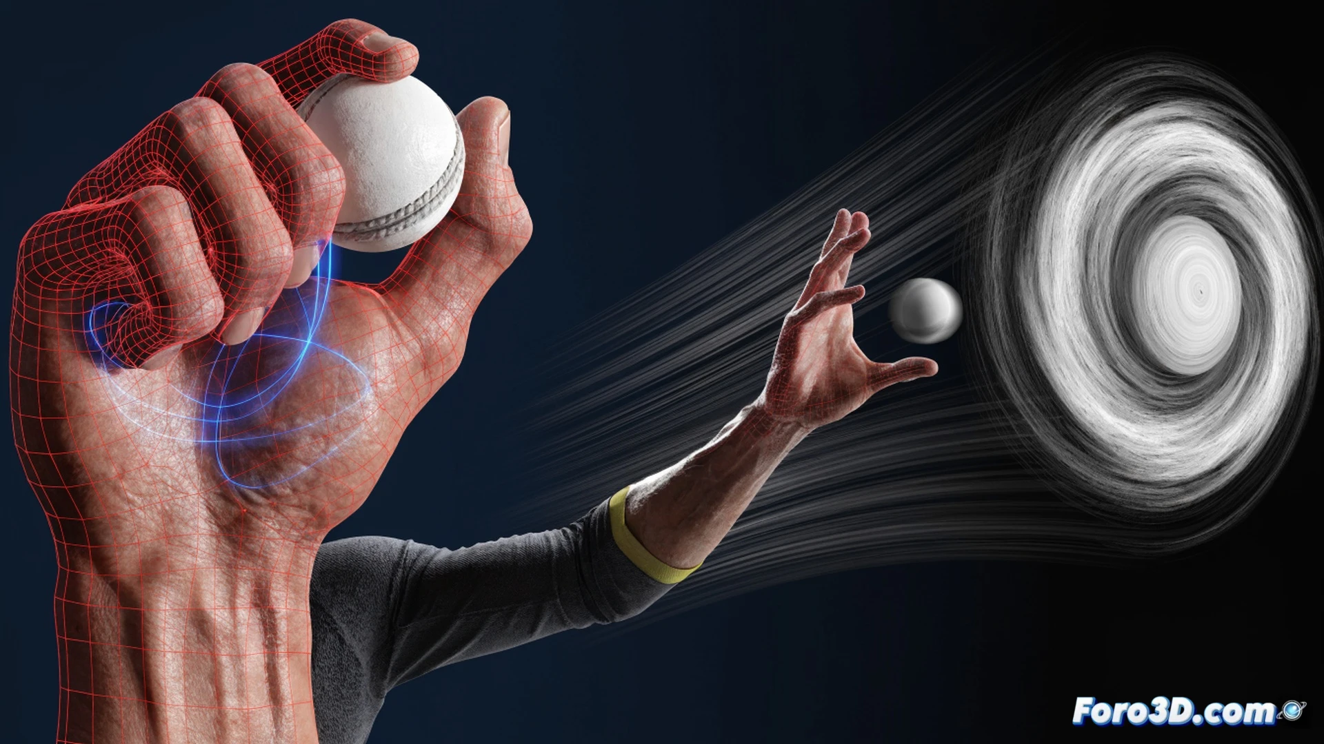 3D biomechanical analysis of Mahesh Theekshana bowling action, wrist flexion at release point showing extreme rotation, glowing trajectory lines tracing ball spin axis, translucent skeletal overlay highlighting forearm and finger torque, cricket ball leaving hand with visible seam orientation, motion blur on spinning ball, technical engineering visualization with grid floor, holographic data panels displaying spin rate and release angle, dramatic stadium lighting, photorealistic render, ultra-detailed muscle and joint anatomy, dark background with neon accent highlights