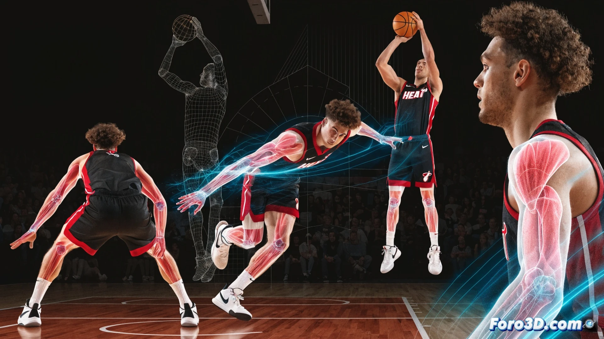 three-dimensional basketball court analysis scene, max strus executing a sharp off-ball screen cut, defensive player reacting late, teammate passing in sync, motion lines showing his movement angles, shooting mechanics broken down with transparent skeletal overlay and biomechanical joint trajectories, basketball spinning mid-air with arc trajectory highlighted in neon green, court floor with tactical zone markings, software interface panels floating in foreground showing shot clock and spatial data, cinematic technical illustration style, volumetric lighting from arena spotlights, photorealistic render, deep shadows and rim light on player silhouettes, ultra-detailed jersey fabric and sweat droplets, engineering visualization aesthetic