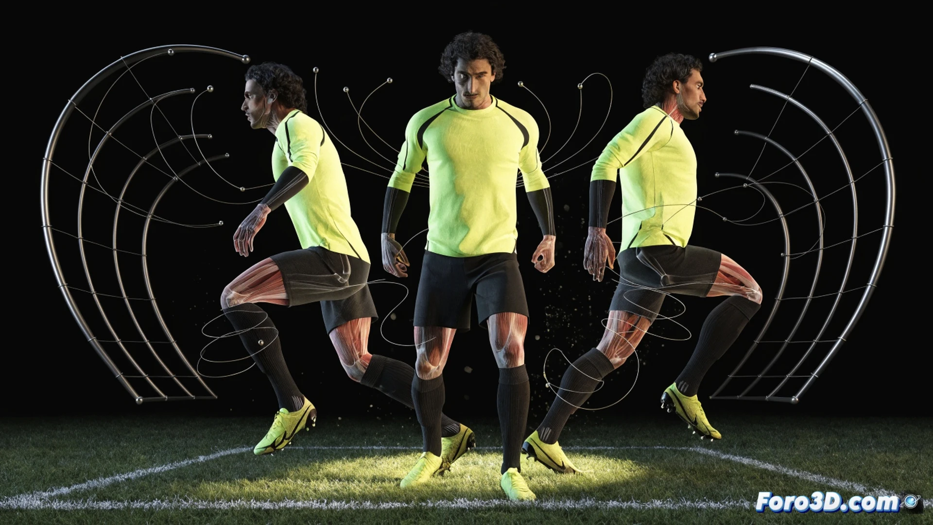 Mehdi Taremi inside penalty box, performing a sudden body feint and pause motion, defender sliding past off-balance, ball glued to his foot during tight dribble, 3D wireframe overlay showing joint angles and spatial awareness zones, glowing trajectory lines from his eyes scanning goal and goalkeeper, technical illustration style, cinematic lighting with stadium floodlights, volumetric fog around grass, photorealistic player model with motion blur on limbs, engineering visualization of foot-to-ball contact point with stress markers, dark green pitch, high contrast shadows