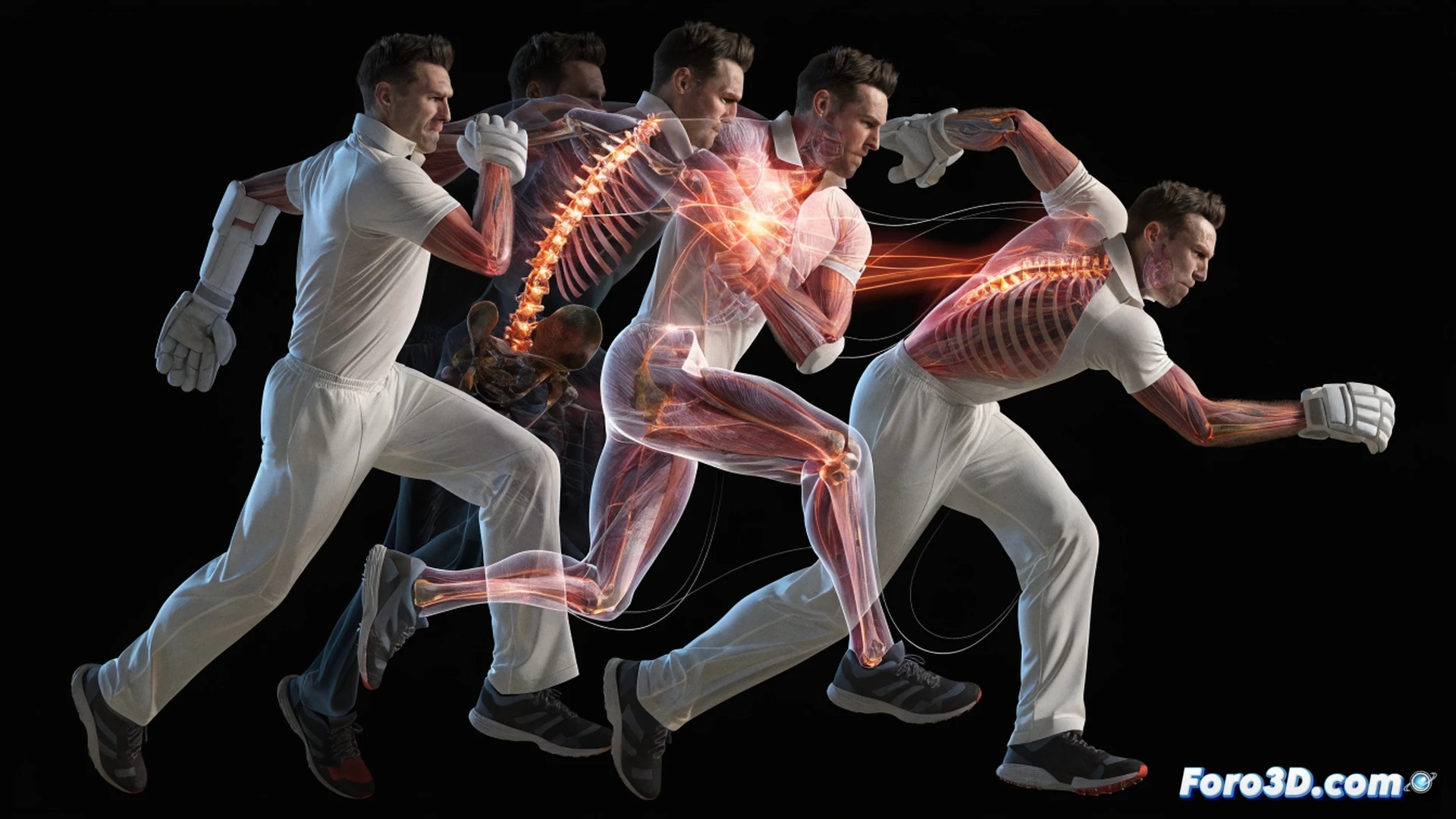 biomechanical 3D analysis of cricket bowler Pat Cummins in mid-delivery stride, front arm extending upward while back leg drives off the ground, hip rotation at maximum torque angle, transparent skeletal overlay showing spine twist and shoulder girdle alignment, motion capture markers tracking joint positions, wireframe grid mapping muscle activation zones, dark studio background with volumetric lighting, cinematic engineering visualization, photorealistic human anatomy with technical overlays, high-speed action frozen in time, dramatic rim light highlighting muscle definition