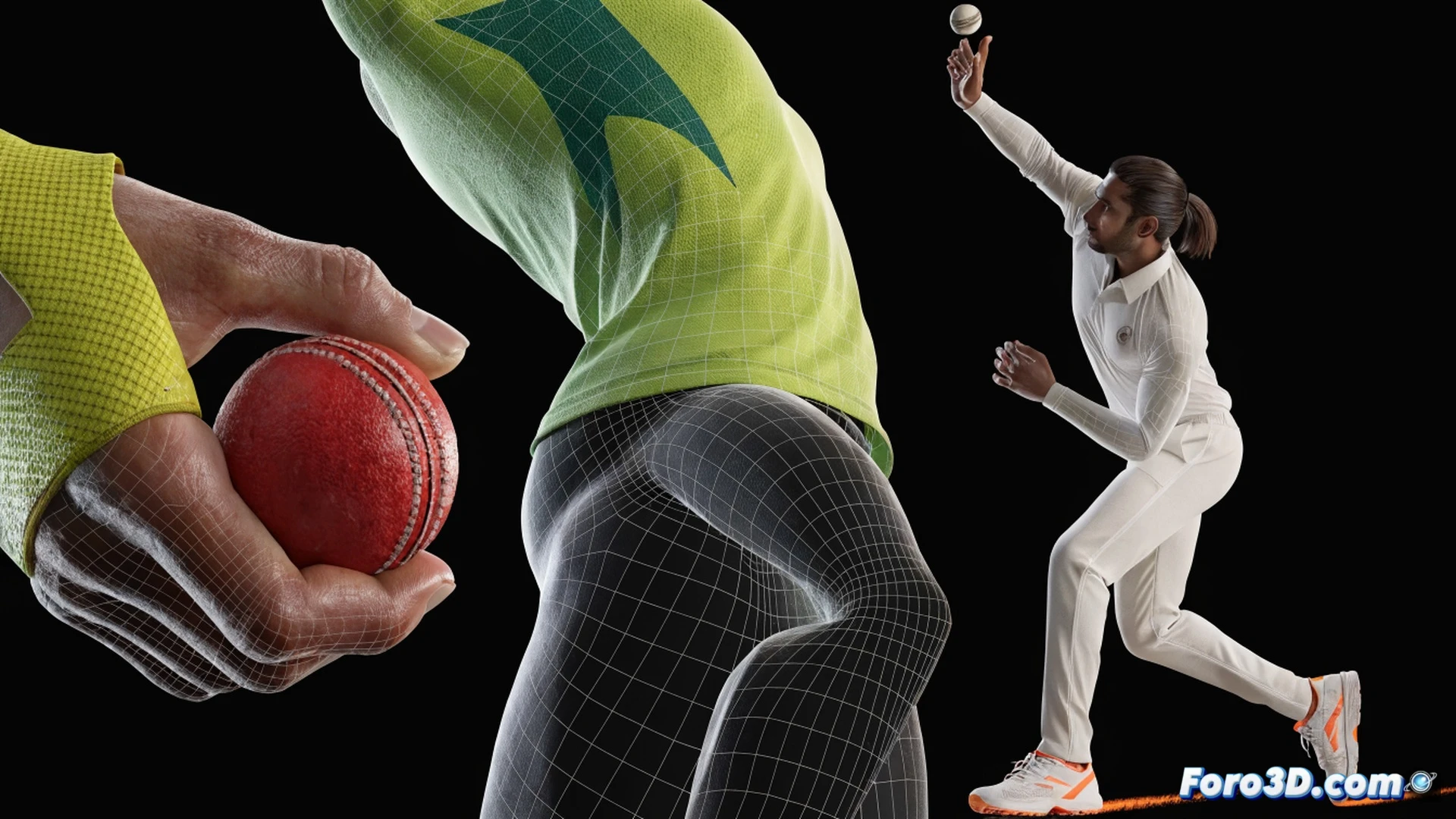 Cricket batsman mid-swing in 3D motion capture studio, Pathum Nissanka stance with precise hip rotation and bat grip detail, wireframe skeleton overlay showing kinetic chain from foot to shoulder during cover drive, biomechanical arrows tracking weight transfer on variable pitch surface, technical engineering visualization with blue grid floor, metallic motion sensors attached to joints, high-speed camera rigs in background, photorealistic render with dramatic studio lighting, ultra-detailed muscle tension and bat angle analysis, cinematic sports science illustration