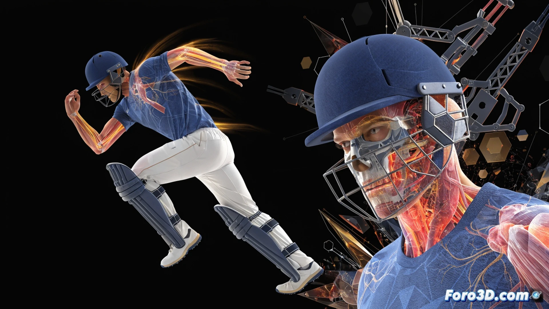biomechanical analysis of Quinton de Kock executing a scoop shot, cricket bat swinging through impact zone, 3D wireframe skeleton overlaid with motion capture markers, glowing joint trajectories tracing hip rotation and wrist snap, green turf field with stumps in background, semi-transparent muscle layers revealing torque generation, engineering visualization with angular velocity vectors and force arrows, photorealistic digital human model, dynamic action pose, batsman weight transferring forward, dramatic stadium floodlights, hyperdetailed sports biomechanics render