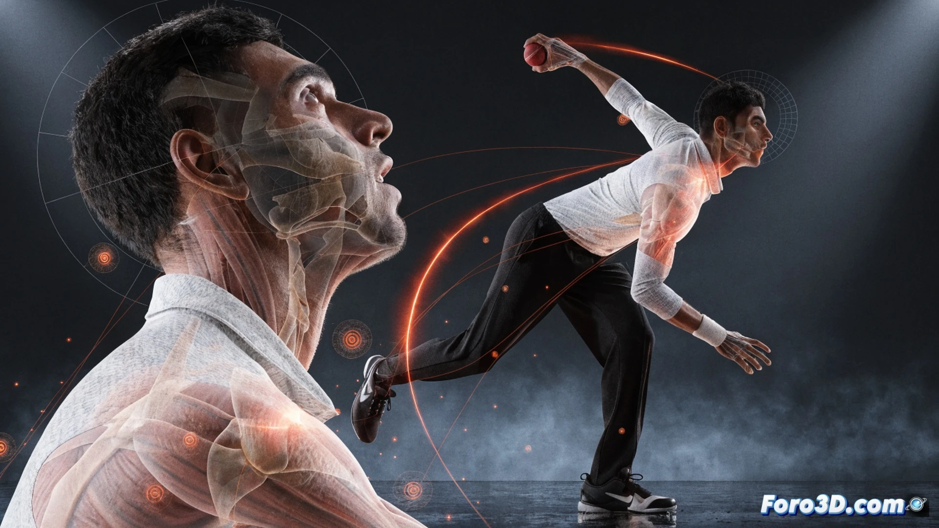 Afghan cricketer in dynamic batting stance mid-swing, bat tracing a glowing blue arc through space, cricket ball with neon trajectory lines leaving the bat, transparent skeletal overlay showing hip rotation and footwork biomechanics, motion capture markers on joints, wireframe grid floor with angle measurement lines, high-speed camera rigs in background, dark studio with dramatic rim lighting, ultra-detailed muscle definition under jersey, photorealistic technical illustration style, frozen motion with particle trails