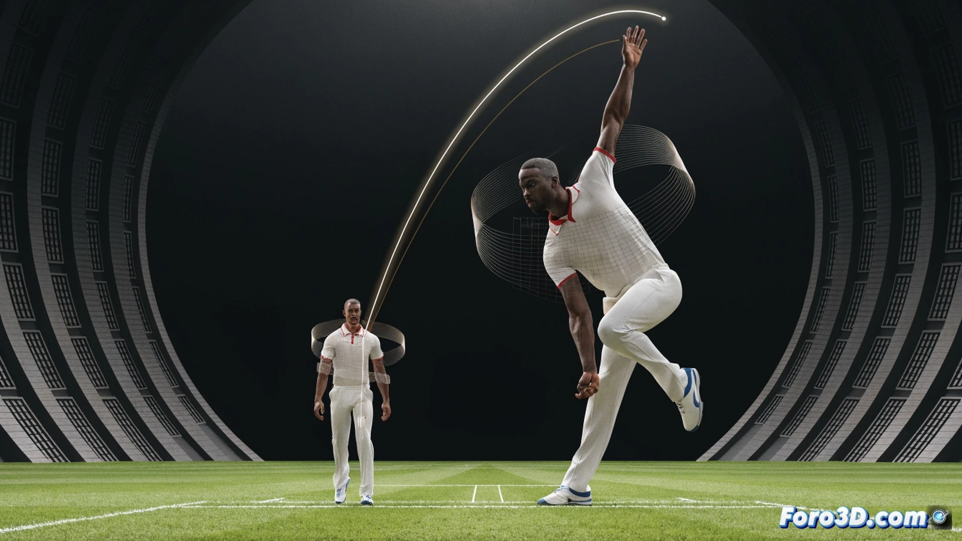 Reece Topley delivering a cricket ball in a biomechanics lab, left arm extended high, long fingers releasing the ball at an unusual angle, full-body skeletal overlay with glowing joint trajectories and force vectors, 3D wireframe analysis software displayed on holographic monitors, motion capture markers on his shoulders and wrist, ball trajectory curving sharply mid-air, engineering visualization style, dark studio lighting with rim lights on the athlete, photorealistic technical render, hyper-detailed muscle and bone structure, frozen mid-action frame