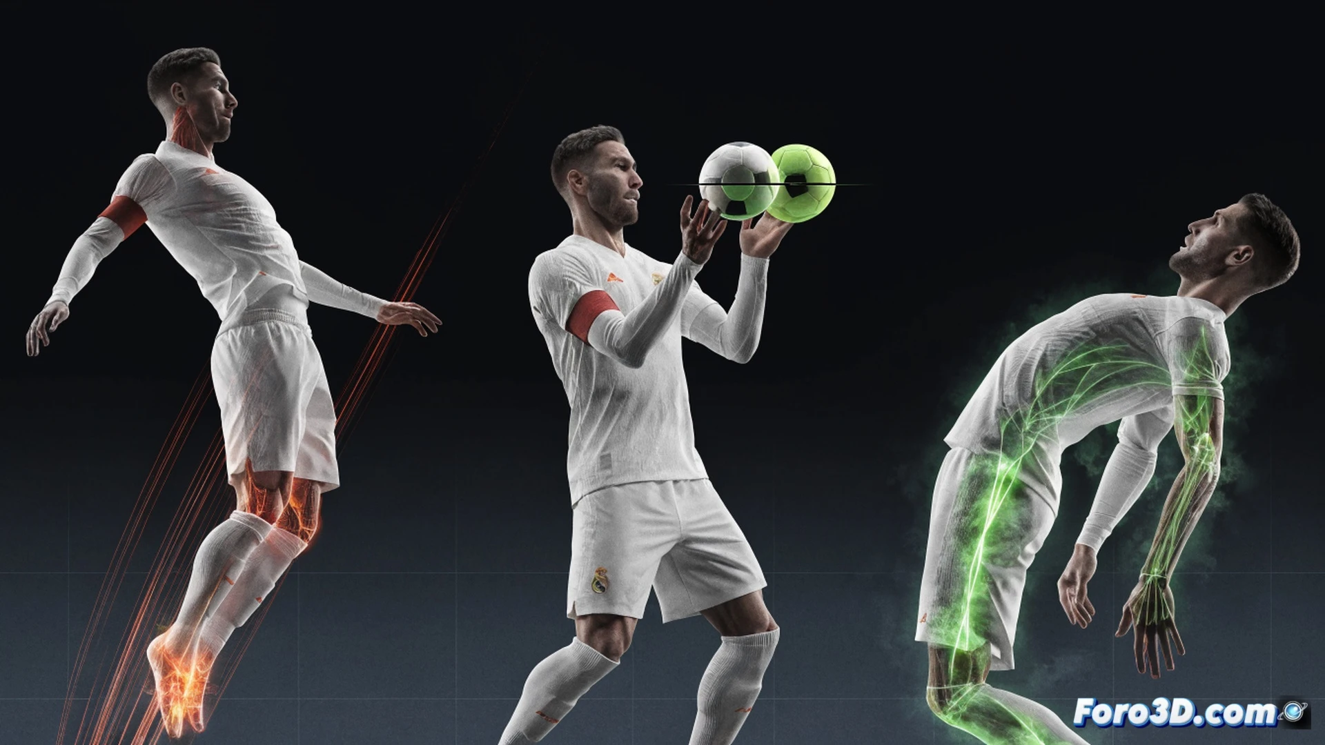 Sergio Ramos saltando verticalmente en un partido nocturno, su biomecánica desglosada en una malla tridimensional semitransparente, mostrando vectores de fuerza muscular iluminados en azul y rojo, mientras su pie derecho impacta un balón dividido con precisión, el césped levantándose bajo su bota, fondo con marcadores de movimiento y gráficos de ángulos articulares, estilo cinematic photorealistic engineering visualization, luces de estadio creando sombras dramáticas, textura de césped realista, render técnico ultra detallado