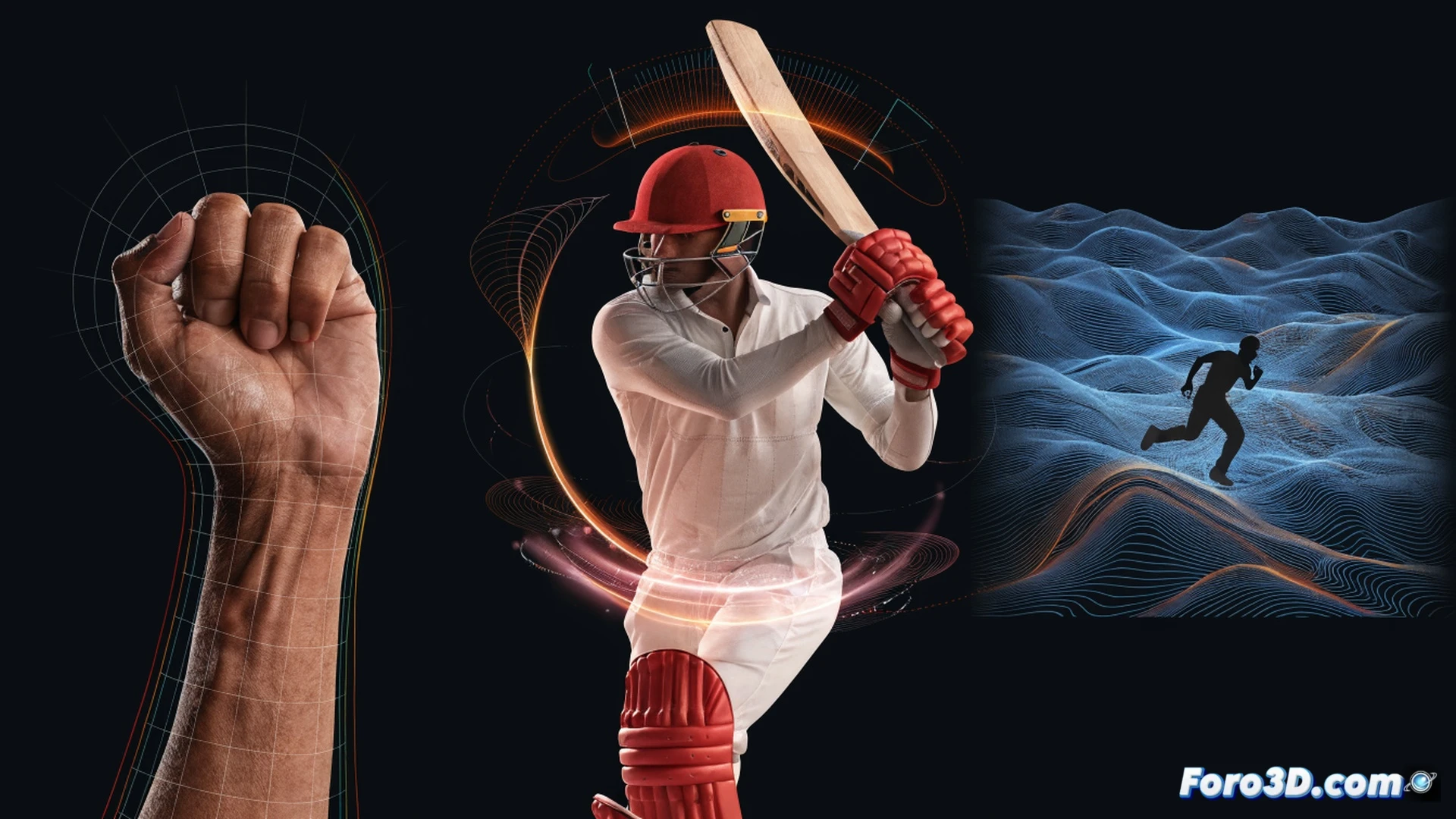 Cricket batsman Shakib Al Hasan in mid-swing, three-dimensional motion capture skeleton overlaying his body, glowing orange trajectory lines tracing his flexible wrist rotation and bat arc during a spin shot, green and red data points on a digital cricket pitch grid, transparent holographic display panels showing split-second timing analysis, blue wireframe vectors mapping field player positions, dark studio background with soft rim lighting, ultra-detailed muscle and joint articulation, cinematic photorealistic engineering visualization, dynamic action pose with motion blur on bat edges