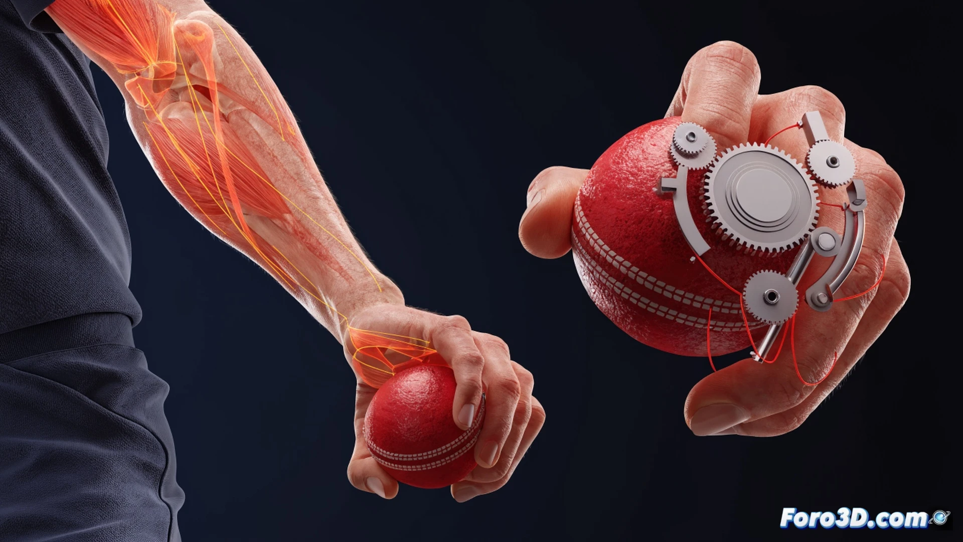 cricket bowler arm biomechanics analysis, left arm generating extreme lateral angle during delivery, wrist snap at ball release point creating impossible swing, seam orientation tilted at 45 degrees, high-speed camera perspective from bowler side, motion capture dots on wrist and fingers, 3D wireframe overlay showing joint rotation arcs, aerodynamic airflow lines curving around ball seam, photorealistic technical illustration, dramatic stadium floodlights, green pitch surface, sweat droplets on forearm muscles, ultra-detailed skin texture and clothing folds, cinematic sports science visualization