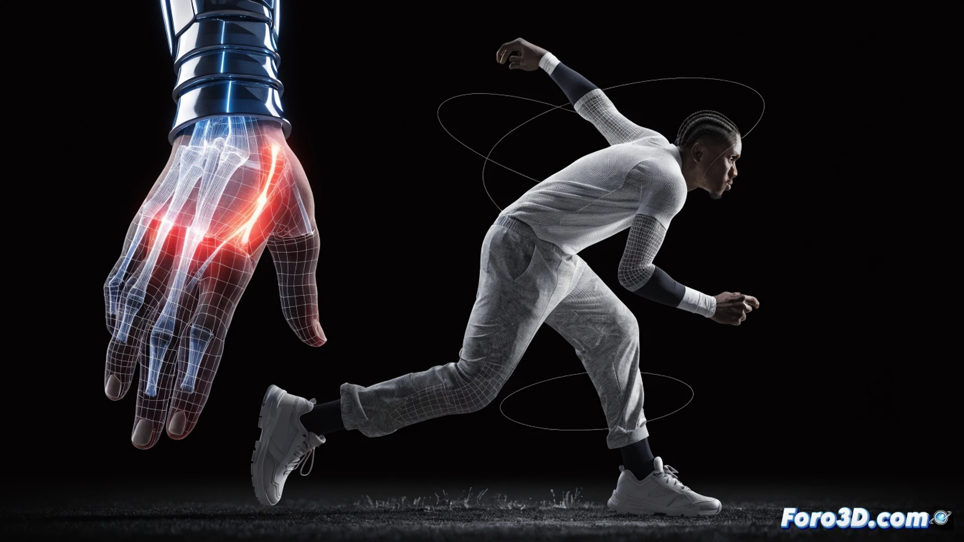 Tristan Stubbs cricket batting stance in 3D motion capture studio, high-speed camera array capturing his unorthodox wrist angle during a powerful cut shot, weight transfer demonstrated through glowing biomechanical lines tracing his legs and hips, technical engineering visualization, wireframe skeletal overlay showing joint rotations, realistic muscle deformation under cricket whites, bat swing path illuminated with neon trajectory curves, dramatic studio lighting with dark background, ultra-detailed motion analysis software interface floating beside him, photorealistic technical render