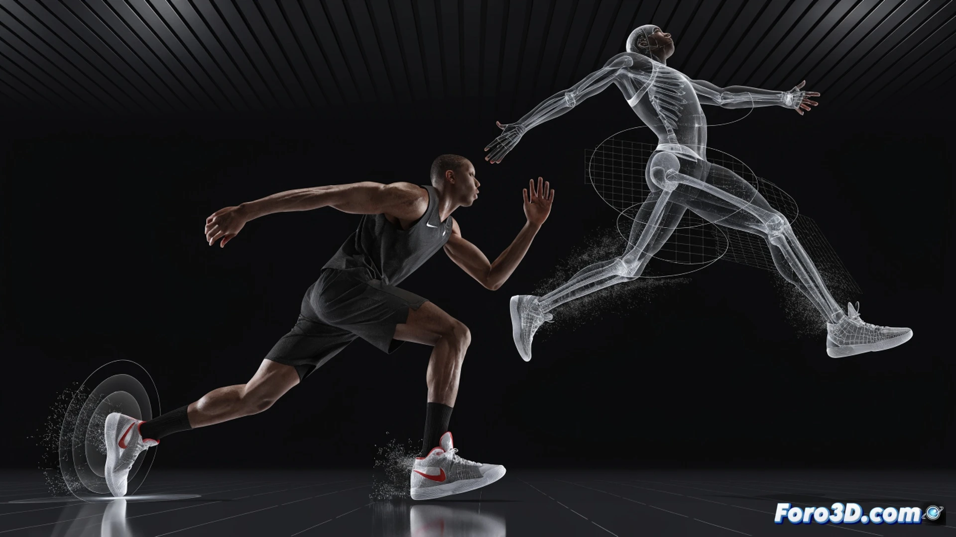 Basketball player mid-air dunking, legs fully extended, one hand gripping rim, other hand holding ball, muscles tensed, jersey flowing, kinetic energy lines tracing leg and arm motion, biomechanical skeleton overlay showing joint angles and muscle activation, force vectors from floor to foot, glowing orange and blue highlights on tendons, dark gym background with court reflection, cinematic technical illustration, photorealistic athletic render, dramatic spotlighting, ultra-detailed sweat droplets, motion blur on trailing limbs