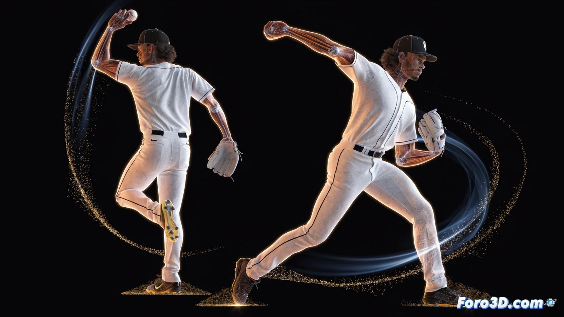 Ryan Rickelton en pleno swing de cricket, vista 3D isométrica, biomecánica del bateo en acción, backlift elevado mostrando ángulo preciso del bate, transferencia de peso desde pierna trasera a delantera durante el impacto, cabeza inmóvil y ojos fijos en el punto de contacto, arco de swing eficiente cubriendo zona amplia del wicket, modelo esquelético semitransparente superpuesto resaltando rotación de cadera y hombros, líneas de trayectoria del bate en verde neón, render técnico fotorrealista estilo ilustración de ingeniería deportiva, iluminación dramática de estudio, fondo oscuro con rejilla de análisis, texturas metálicas en el bate, sudor y tensión muscular visibles, ultra detallado.