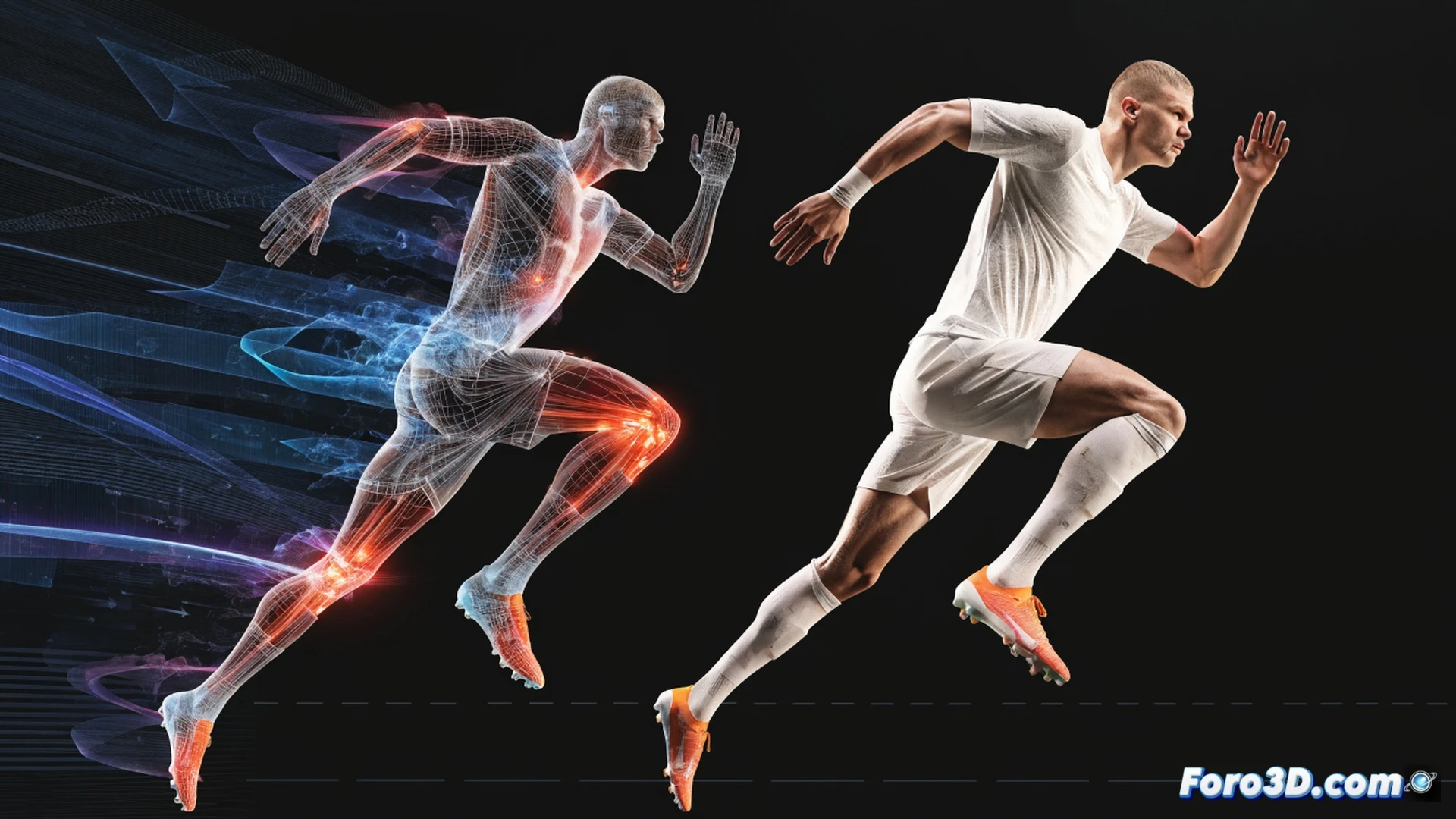 biomechanical 3D analysis of Erling Haaland sprinting, explosive acceleration phase with leg muscles highlighted in translucent blue overlays, motion capture markers on joints showing real-time data vectors, green synthetic football pitch, stadium floodlights casting sharp shadows, high-speed camera rigs in background, wireframe skeleton visible beneath skin, stride length measured by glowing trajectory lines, force plate sensors embedded in grass emitting pressure maps, cinematic sports science visualization, photorealistic athlete model, dramatic low-angle shot, hyperdetailed muscle striations, dynamic motion blur on trailing leg