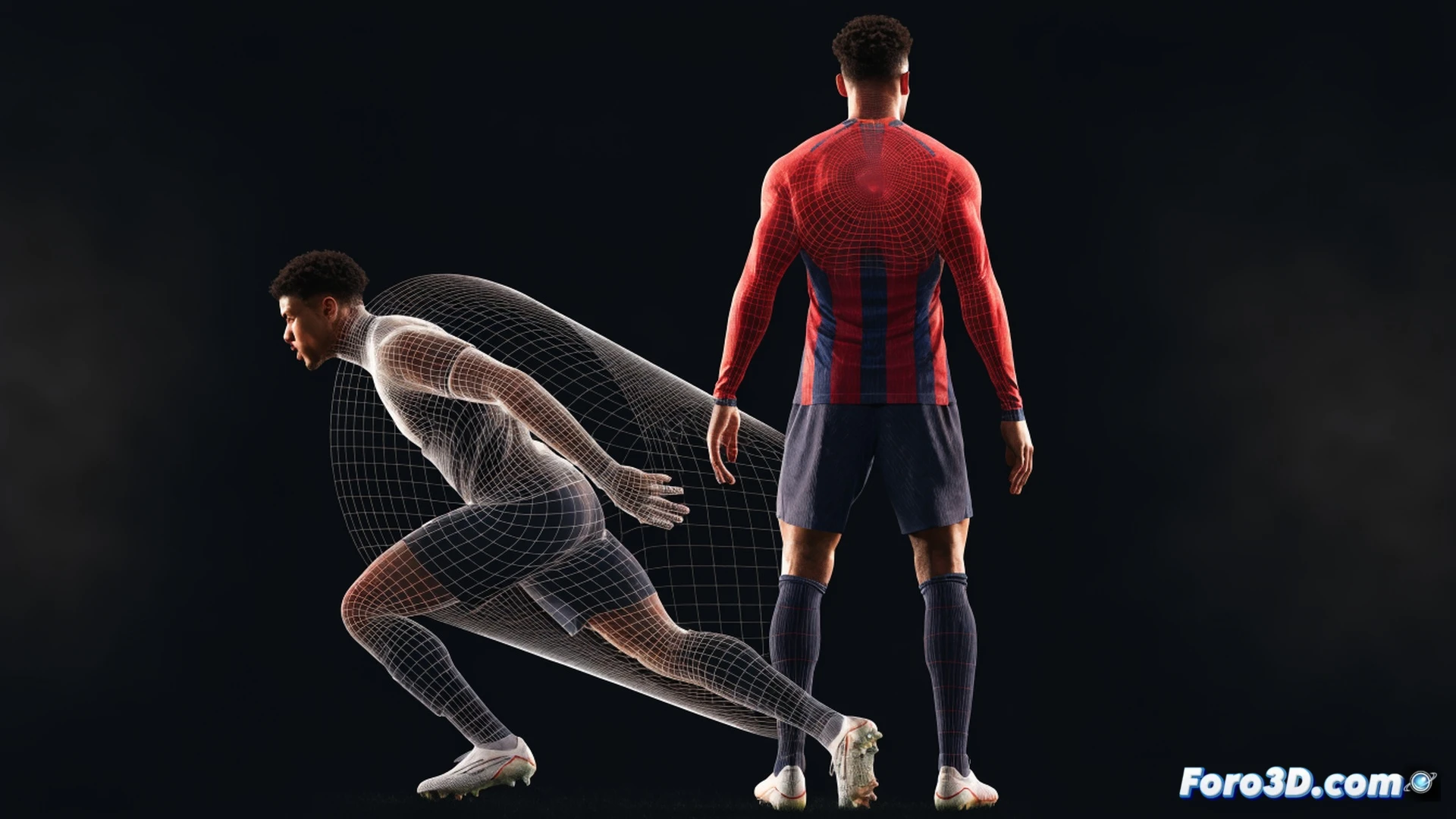 FC Barcelona central defender Ronald Araújo executing a powerful sliding tackle at full sprint, right leg extended to intercept ball, opponent forward nearby, stadium background blurred, 3D motion capture skeleton overlay showing biomechanical joint angles and muscle activation, red force vectors radiating from impact point, green trajectory lines tracking player movement, blue heat map on torso highlighting pressure zones, realistic grass texture with turf deformation, cinematic dynamic lighting from floodlights, photorealistic sports science visualization, ultra-detailed muscle and tendon rendering, technical analysis interface style