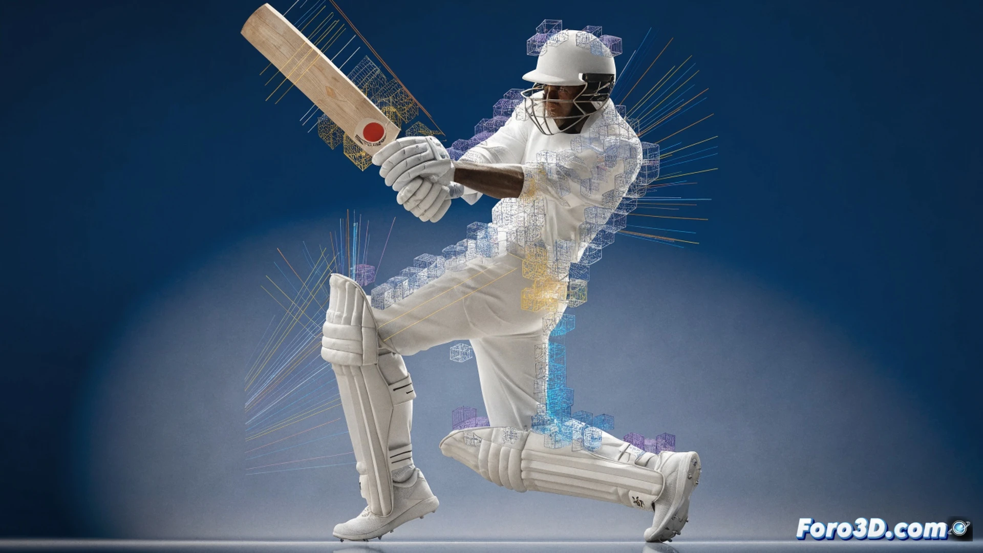 Aiden Markram mid-drive motion captured as a 3D wireframe model, translucent blue cubes and vector arrows mapping weight shift from back foot to front foot, bat swing path traced with glowing orange lines, solid base highlighted under planted front leg, cricket pitch with stumps in background, technical engineering visualization, dark studio lighting with neon accent highlights, ultra-detailed polygon mesh, photorealistic biomechanics render