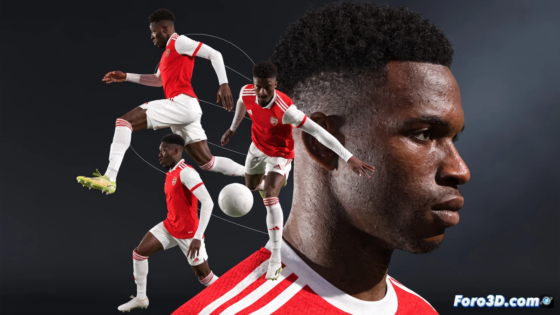 Bukayo Saka dribbling at high speed during a counterattack, low center of gravity shown with a 3D motion capture skeleton overlay tracking his body tilt and hip rotation, explosive acceleration lines radiating from his trailing foot on the turf, spatial heatmap highlighting the defensive gap he is attacking, photorealistic technical illustration style, green and white Arsenal kit, stadium floodlights casting sharp shadows, wireframe polygon mesh partially visible around his legs and torso, realistic grass texture with motion blur, dynamic camera angle from low ground level, dramatic cinematic lighting