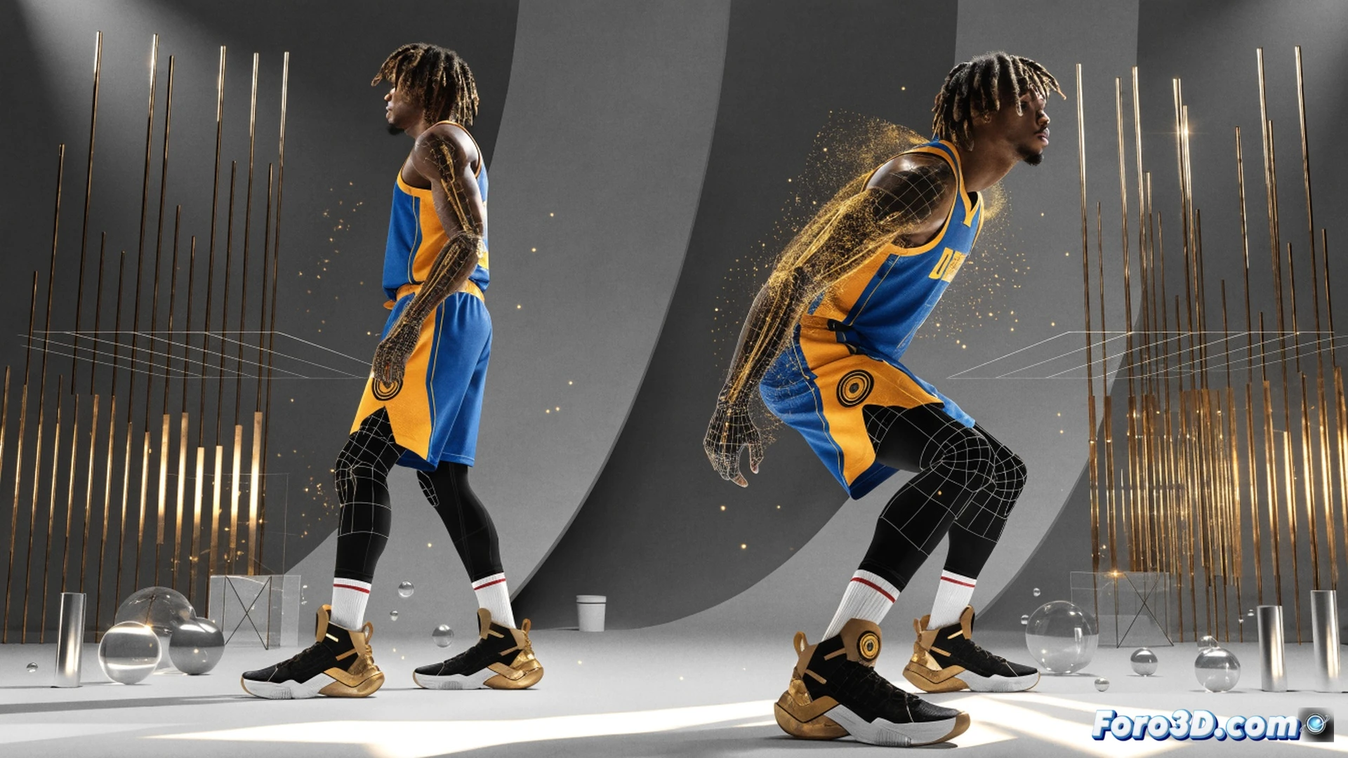 Christian Braun cutting baseline during a fast break, 3D motion capture skeleton overlay tracking his hip rotation and knee angle, basketball spinning mid-air from his hand, Denver Nuggets jersey with number 0 visible, hardwood court with glowing trajectory lines from his drive path, technical biomechanical markers on joints showing torque distribution, cinematic sports visualization, low camera angle from corner three-point line, dynamic lighting with arena spotlights, photorealistic engineering render with wireframe mesh, sweat particles frozen in motion, high contrast shadows emphasizing muscle definition