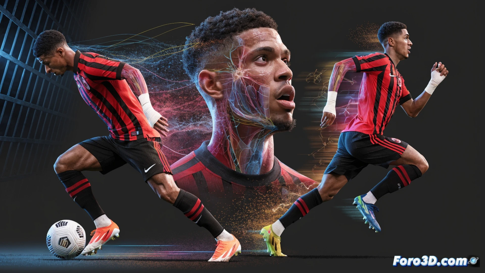 Christian Pulisic mid-stride on a tactical 3D analysis platform, left foot driving ball close to turf while right leg extends for explosive acceleration, red AC Milan jersey contrasting with blue biomechanical grid lines tracking hip rotation and ankle angle, surrounding holographic wireframe showing defender pressure cone and space compression, motion trails from his previous step highlighting rapid deceleration, dark studio background with soft rim light on muscles and jersey fabric, photorealistic sports science visualization, ultra-sharp detail on boot studs and grass deformation