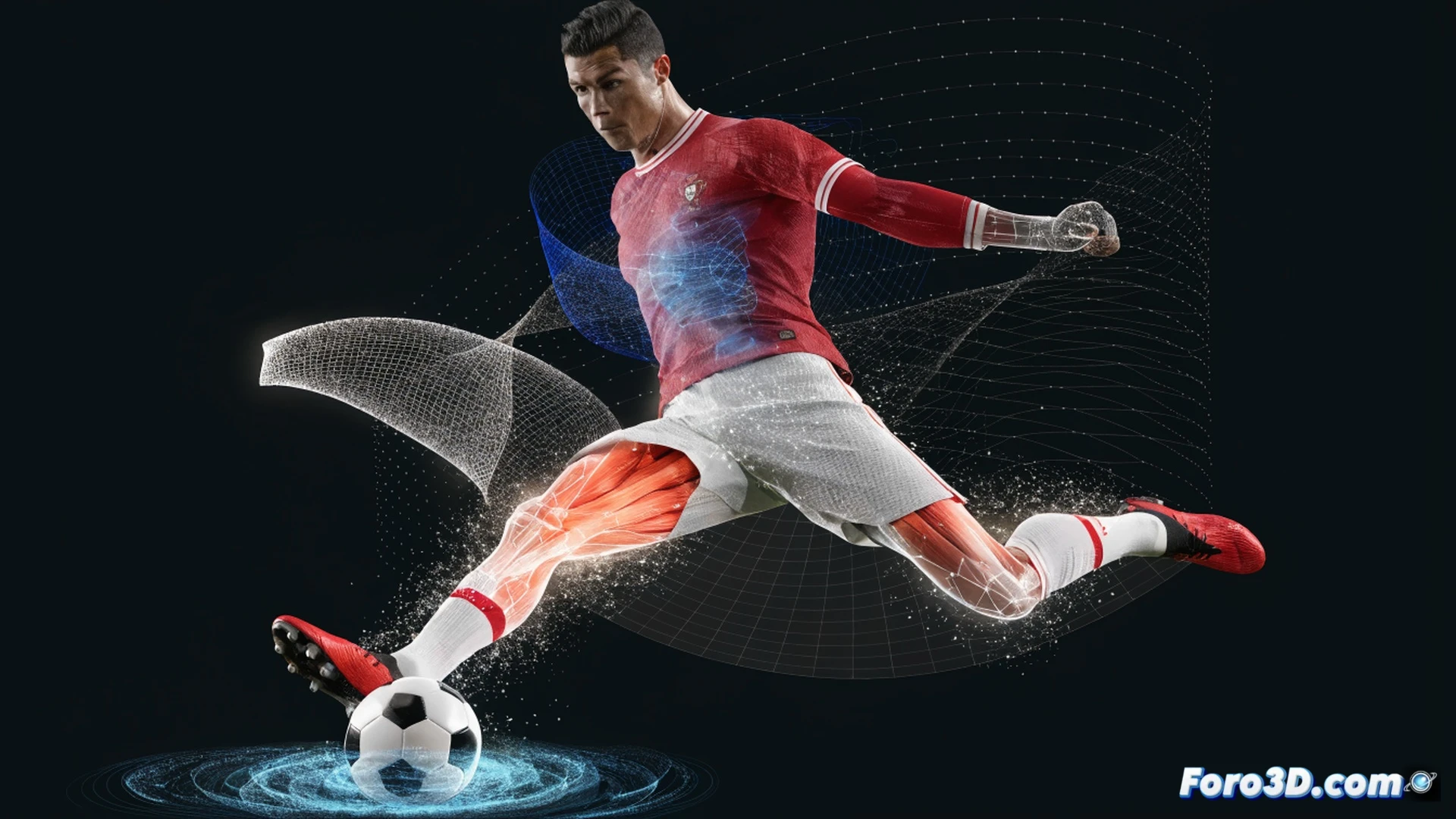 Cristiano Ronaldo en plena ejecución de un disparo potente, análisis biomecánico 3D, líneas de fuerza vectoriales iluminadas recorriendo su pierna de apoyo, cadera y tronco durante la rotación, balón deformándose en el impacto con partículas de césped levantadas, wireframe técnico superpuesto a su cuerpo mostrando ángulos articulares y trayectoria del pie, fondo oscuro con rejilla de coordenadas, iluminación dramática desde abajo, estilo photorealistic engineering visualization, texturas musculares detalladas, render de alta fidelidad, sin texto ni números visibles