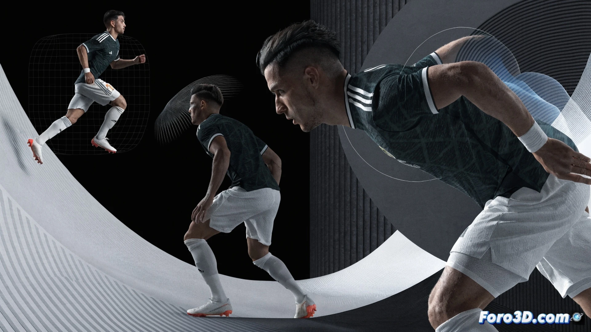 Real Madrid football player mid-stride on pitch, translucent 3D skeletal lines tracing leg movement and shoulder rotation, red heat-map overlay showing anticipation zones on right flank, digital wireframe stadium in background, technical sports visualization, motion capture dots on joints, glowing tactical arrows indicating recovery path, cinematic photorealistic render, dynamic action pose with blurred grass turf, high-contrast lighting emphasizing muscle tension, ultra-detailed sports biomechanics illustration