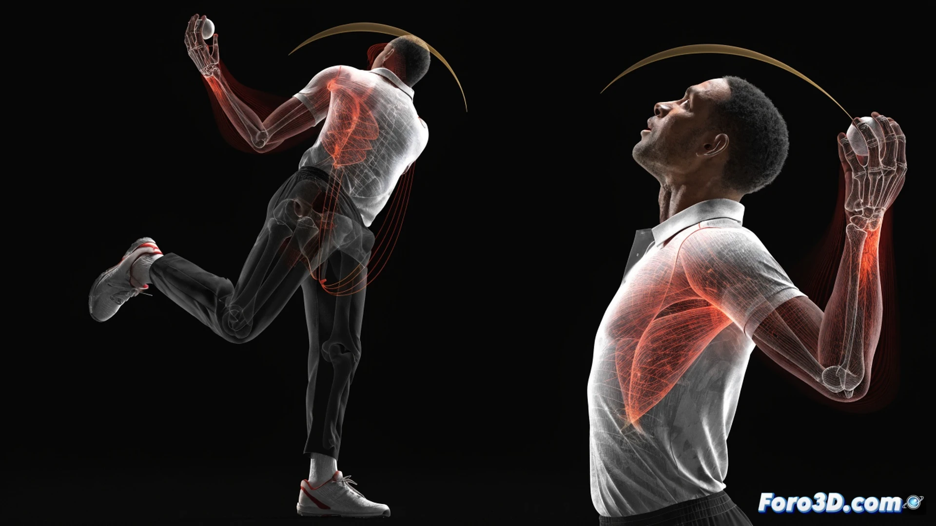 biomechanical analysis of Gerald Coetzee cricket bowling action, 3D wireframe skeleton overlay showing angular joint positions during delivery stride, front foot landing with aggressive hip-shoulder separation, ball release point high above head, green pitch surface with glowing pressure distribution lines under landing zone, stadium background blurred, cinematic technical illustration, dramatic low-angle perspective, photorealistic muscular definition, motion capture markers on limbs, engineering visualization style, soft stadium floodlighting