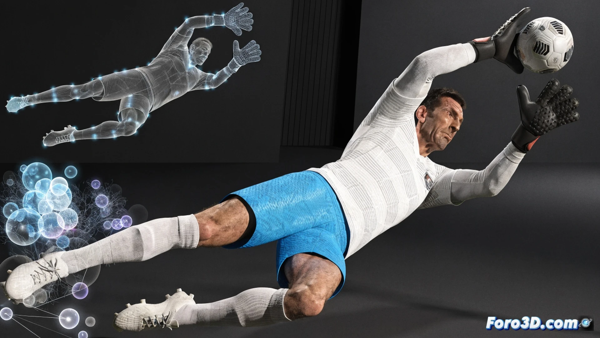 Biomechanical 3D analysis of Gianluigi Buffon diving to save a low shot, left leg fully extended, right hand stretching toward ball, motion capture markers on joints showing angular velocity vectors, green laser tracking lines from ball to goal corners, translucent skeletal overlay revealing hip rotation and shoulder torque, stadium crowd blurred in background, dark green pitch, golden hour light, cinematic engineering visualization, photorealistic human anatomy with technical wireframe ghosting, ultra-detailed muscle tension in calves and forearms, dramatic slow-motion action freeze-frame