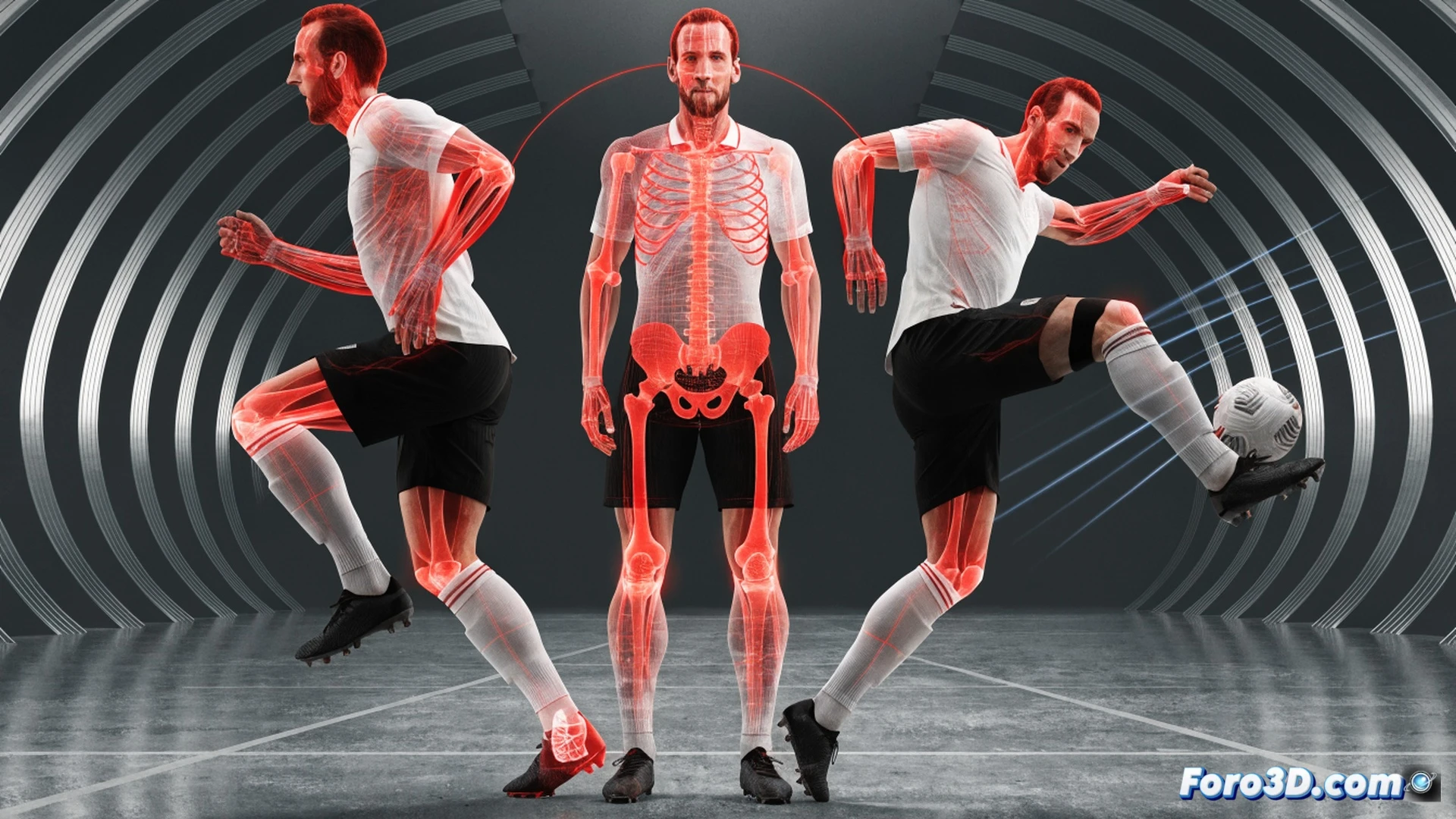 3D biomechanical analysis of Harry Kane mid-strike, low center of gravity visualized with glowing pivot point near hips, powerful stride showing quadriceps and hamstring activation lines, torso leaning forward while left arm extends for balance, right foot connecting with ball at shin height, motion capture markers on joints, wireframe skeleton overlay, semi-transparent muscle layers, stadium turf beneath, technical illustration style, cool blue and orange contrast lighting, engineering visualization with angular measurement annotations absent text, photorealistic human anatomy render