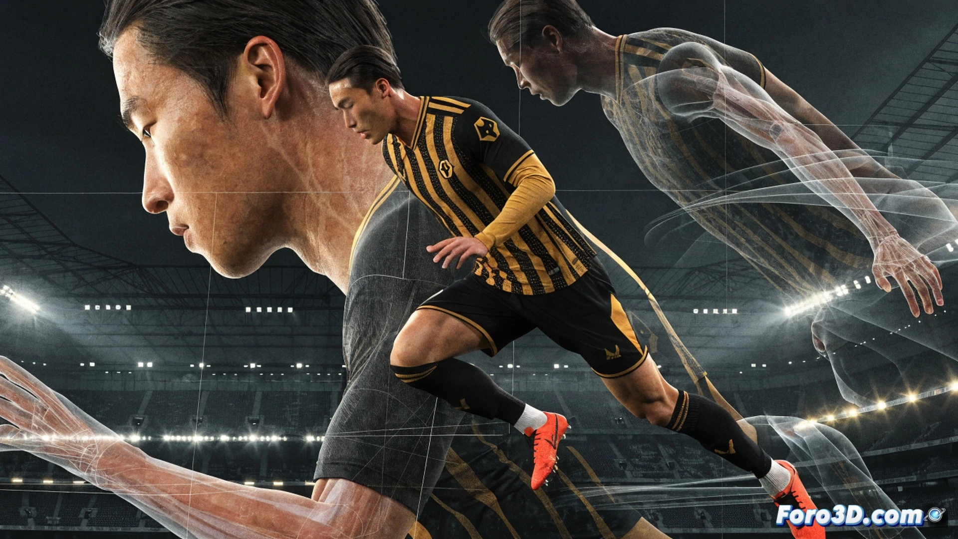 photorealistic technical illustration of Hwang Hee-chan in a biomechanics lab, sprinting motion captured by multiple 3D scanning lasers and infrared cameras, real-time wireframe skeleton overlay showing leg muscle activation and joint angles, holographic display of gait analysis data floating beside him, green and amber trajectory lines tracing his acceleration path, dark studio background with soft rim lighting, ultra-detailed muscle definition under sportswear, motion blur on his left foot striking the ground, engineering visualization style, dynamic athletic pose