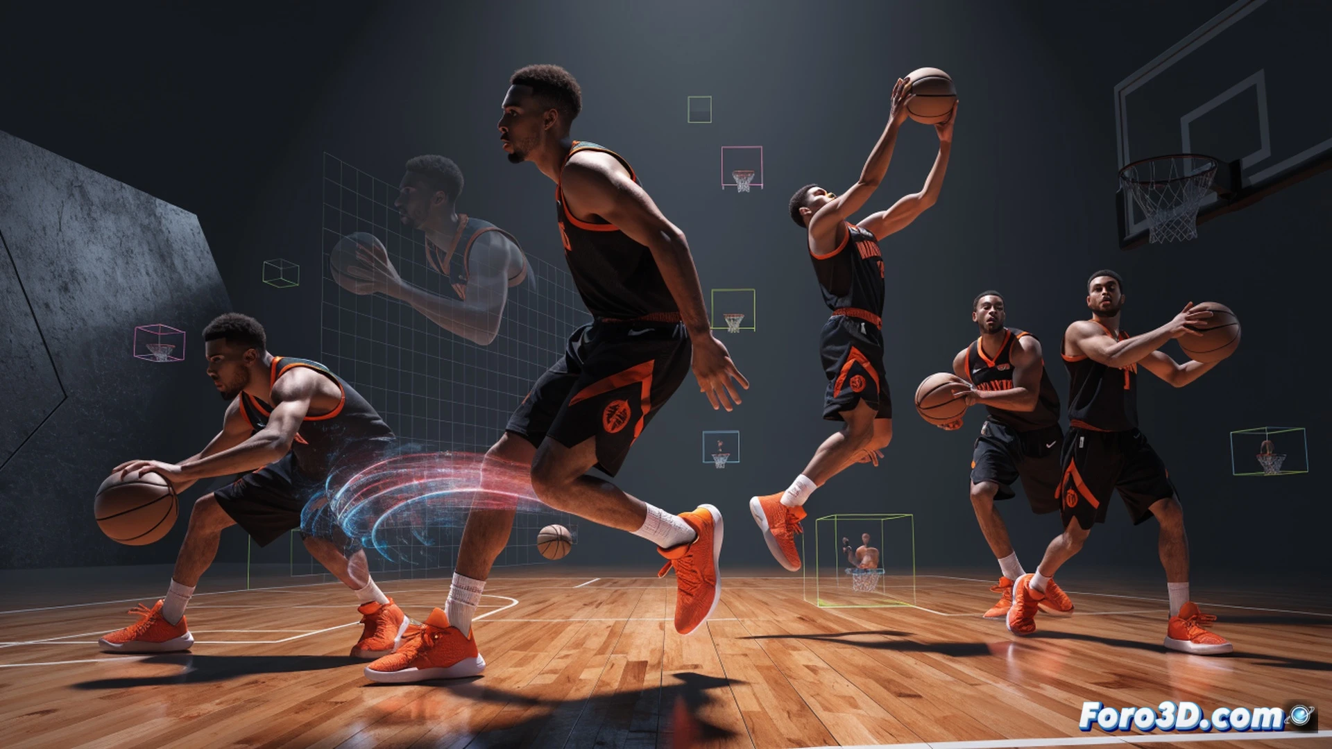 Basketball player mid-air with left-hand layup finish, right arm extended for balance, torso twisted mid-flight, sneaker soles angled toward baseline, illuminated by three-point line and painted area markings, motion-capture dots on joints tracing red arcs from hip rotation and shoulder tilt, wireframe skeleton overlay showing torque transfer from legs through core to wrist, dark hardwood floor with faint grid lines, engineering visualization style, cool blue rim light with warm amber backlight, motion blur on ball rotation, hyper-detailed muscle striations visible through translucent skin effect, photorealistic technical render