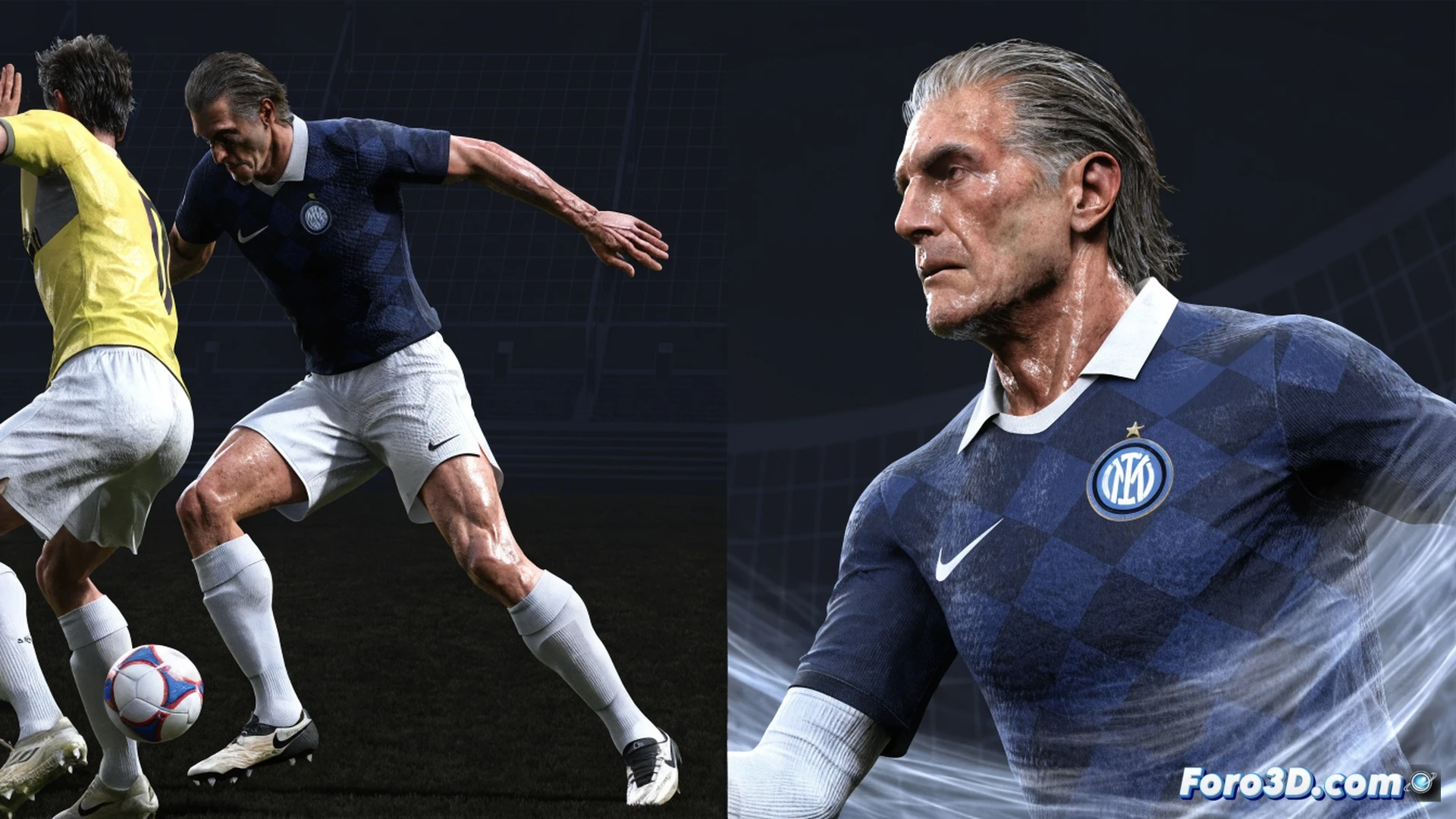 Photorealistic 3D analysis scene of Javier Zanetti in a virtual football training simulator, defensive positioning action showing his body low and balanced during a lateral recovery run, dynamic muscle strain visible on his legs while intercepting a pass, technical overlay with glowing biomechanical lines tracking his hip rotation and foot placement, real-time data graphs on a transparent holographic display showing sprint speed and stamina metrics, stadium floodlights casting sharp shadows on the artificial turf, high-speed motion blur on his trailing leg, engineering visualization style with metallic cybernetic joint supports, detailed fabric folds on his jersey, cinematic dramatic lighting emphasizing explosive movement