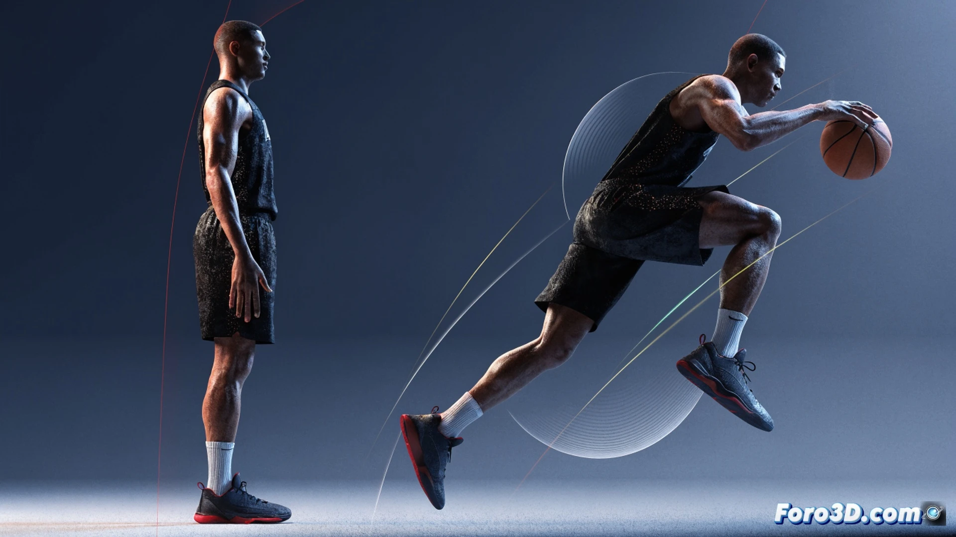 basketball player Jaylen Brown mid-air defensive stance, 213 cm wingspan fully extended blocking a shot, kinetic analysis overlay showing limb trajectories and angular velocities, high-speed motion capture markers on joints and muscles, photorealistic engineering visualization, arena floodlights casting sharp shadows, sweat droplets frozen in motion, muscle fiber definition visible, 3D wireframe skeleton ghosting behind the body, red and blue heatmap gradients indicating force distribution, ultra-detailed skin texture, dramatic cinematic lighting, technical sports biomechanics render