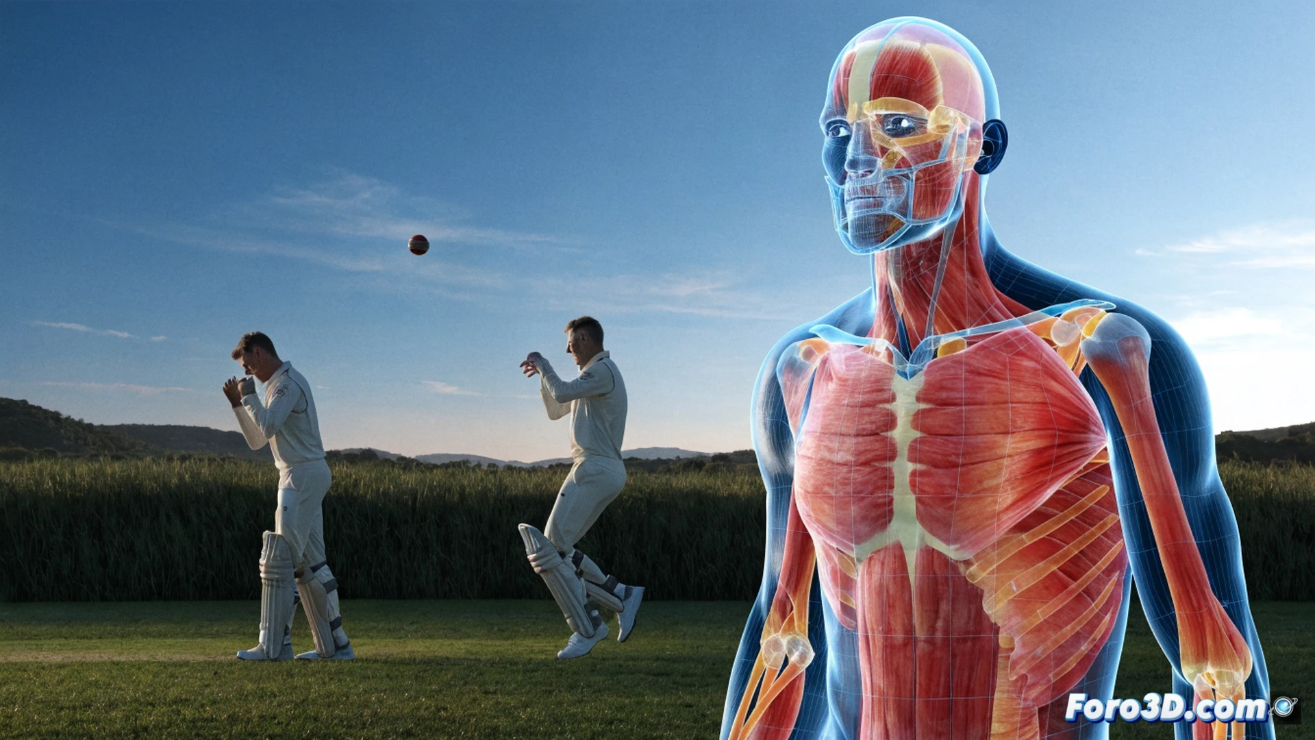 cricket batter Joe Root in mid-stroke execution, 3D biomechanical motion capture overlay, glowing skeletal lines tracking footwork and hip rotation, bat swing arc traced with luminous green path, ball trajectory predicted by dotted yellow line through field gaps, high-speed camera rigs and motion sensors in background, engineering visualization style, dark studio with volumetric lighting, ultra-detailed muscle and joint mapping, photorealistic technical render