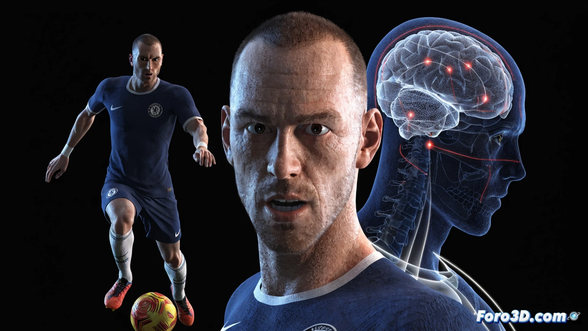 John Terry mid-air defensive header during a Premier League match, 3D motion capture skeleton overlay showing torso rotation and neck muscle activation, blue Chelsea kit, trajectory lines from ball to forehead, teammates and opponents blurred in background, technical illustration style, skeletal wireframe and biomechanical markers glowing in cyan and orange, stadium floodlights creating high contrast shadows, photorealistic human anatomy with transparent skin layer, dynamic action pose, feet off ground, arms extended for balance, ultra-detailed muscle strain visible, cinematic sports science visualization