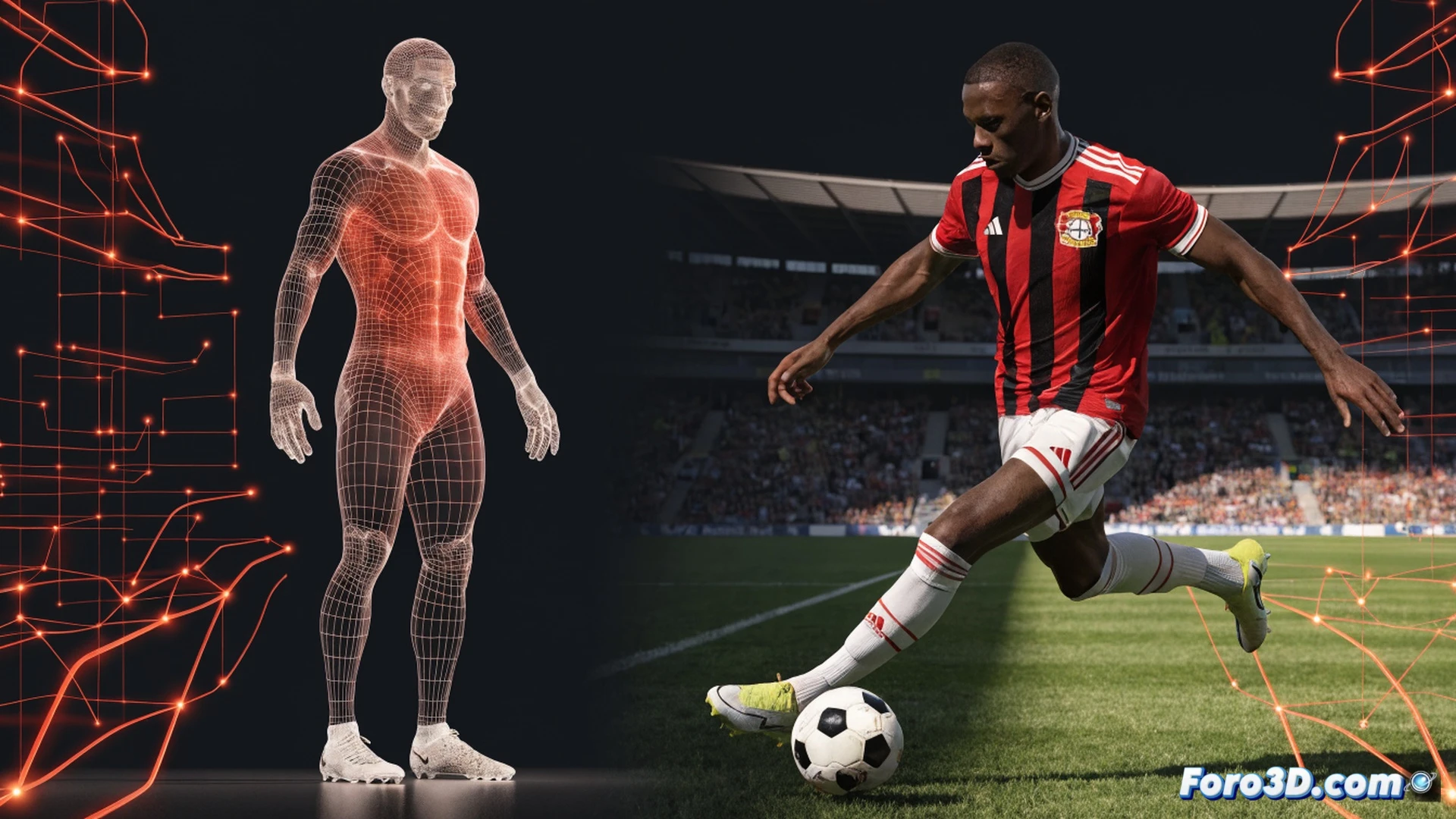 basketball player Jonathan Tah mid-stride intercepting a pass, long arms fully extended, foot planted for sharp directional change, green tactical lines tracing his movement path and reaction vector, glowing red zones showing defensive coverage radius, Bayer Leverkusen stadium background blurred, cinematic technical illustration, dynamic pose with motion blur on limbs, photorealistic skin texture and jersey fabric, stadium floodlights casting dramatic shadows, 3D wireframe overlay on lower body showing muscle activation and joint angles, ultra-detailed facial focus, engineering visualization style