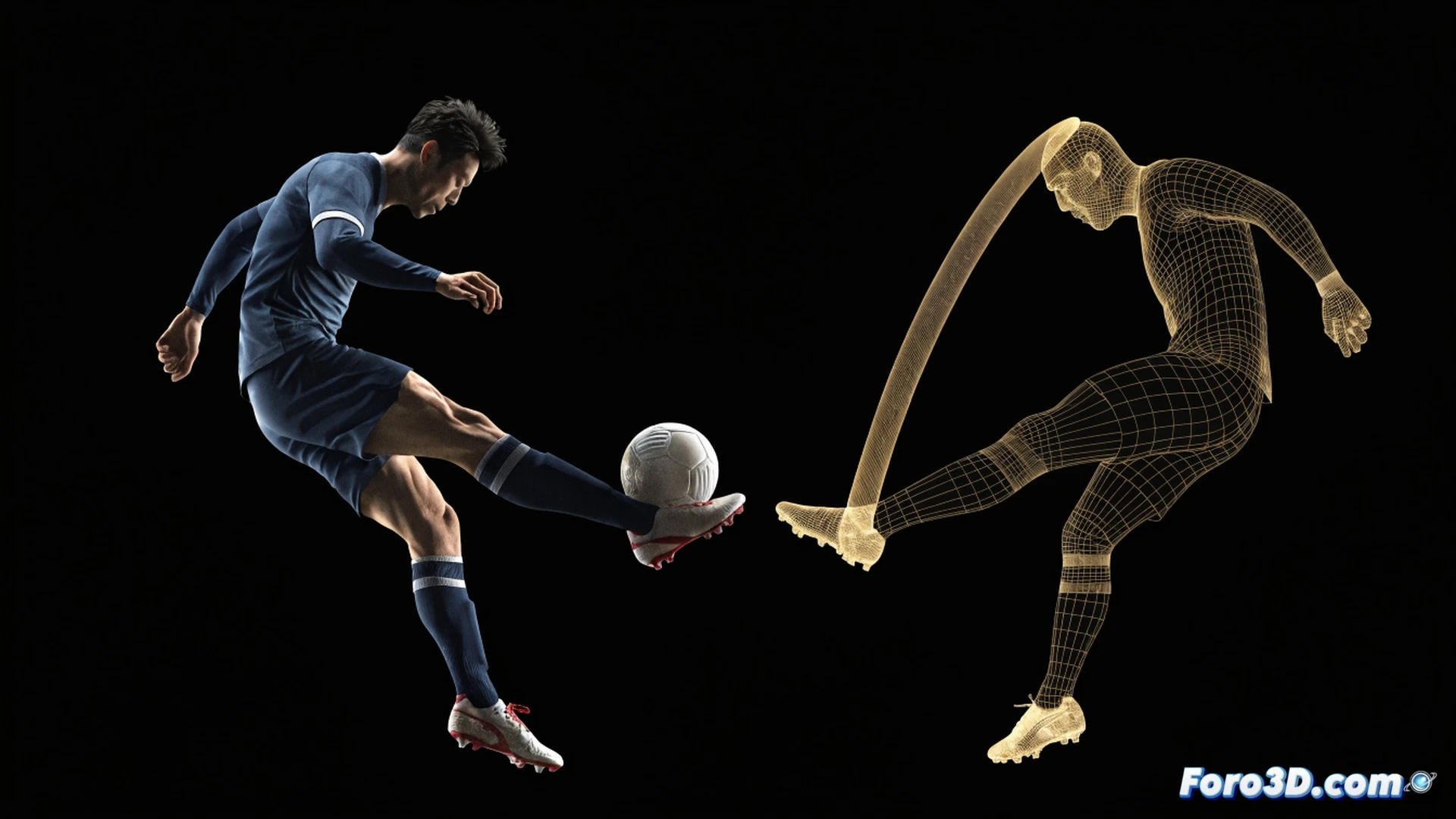 futbolista Keisuke Honda en plena ejecución de tiro libre, pierna izquierda en arco máximo, balón girando con efecto parabólico, líneas de trayectoria curva y vectores de fuerza rotacional visibles, zapatilla impactando el balón con deformación superficial, postura corporal inclinada hacia atrás, análisis 3D con wireframe muscular y óseo superpuesto, marcadores de ángulo de cadera y tobillo, fondo oscuro con iluminación dramática, estilo cinematic technical illustration, detalles hiperrealistas de textura de balón y césped, render fotorrealista de ingeniería deportiva