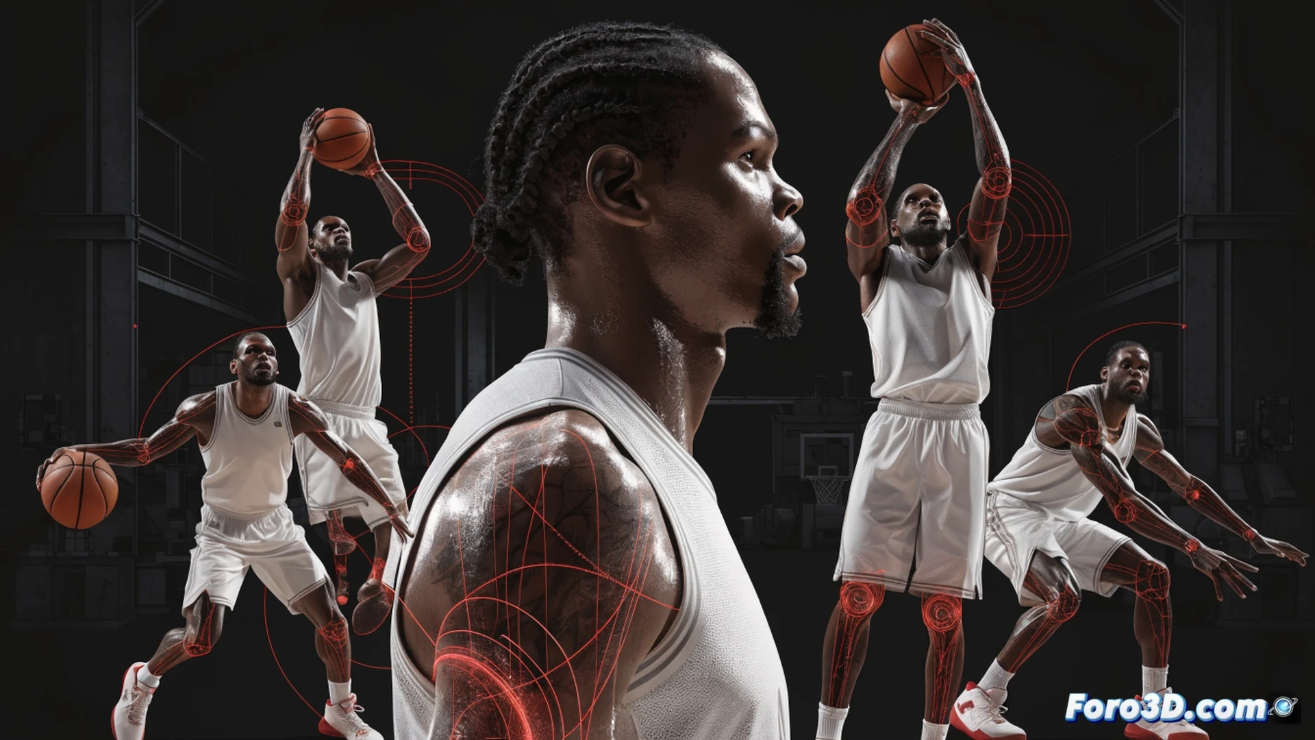 photorealistic 3D technical analysis of Kevin Durant mid-jump shot, biomechanical skeleton overlay showing extended wingspan and release point, glowing red markers highlighting high elbow angle and wrist flexion, basketball leaving fingertips with backspin trajectory lines, defensive player arms stretched but unable to contest, motion blur on jersey fabric, stadium lighting casting sharp shadows on court, engineering visualization style with translucent muscle layers and joint torque arrows, ultra-detailed anatomical render, dramatic cinematic lighting from arena spotlights