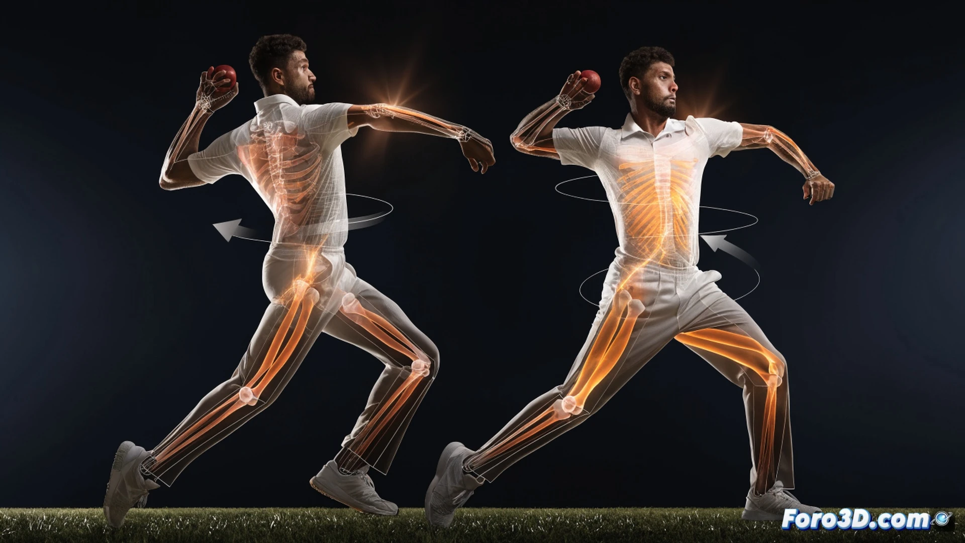 cricket fast bowler Lahiru Kumara in mid-delivery stride, biomechanical analysis overlay showing trunk rotation angles and weight transfer vectors, 3D motion capture skeleton highlighting hip-shoulder separation, force plate data visualized as glowing pressure points under front foot, high-speed camera rigs surrounding the action, photorealistic engineering visualization, stadium floodlights, motion blur on bowling arm, technical grid lines mapping joint trajectories, dramatic low-angle perspective, ultra-detailed muscle tension and tendon strain, realistic sports science render