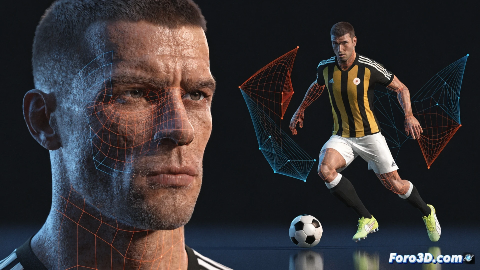 Michael Ballack mid-air header during a Champions League match, 3D biomechanical analysis overlay showing muscle activation in his neck and core, trajectory lines from his forehead to the top corner of the goal, tactical heatmap on the pitch below with passing lanes to teammates, cinematic engineering visualization, photorealistic stadium lighting, sweat droplets frozen in motion, ultra-detailed jersey fabric texture, dramatic low-angle shot emphasizing power and precision