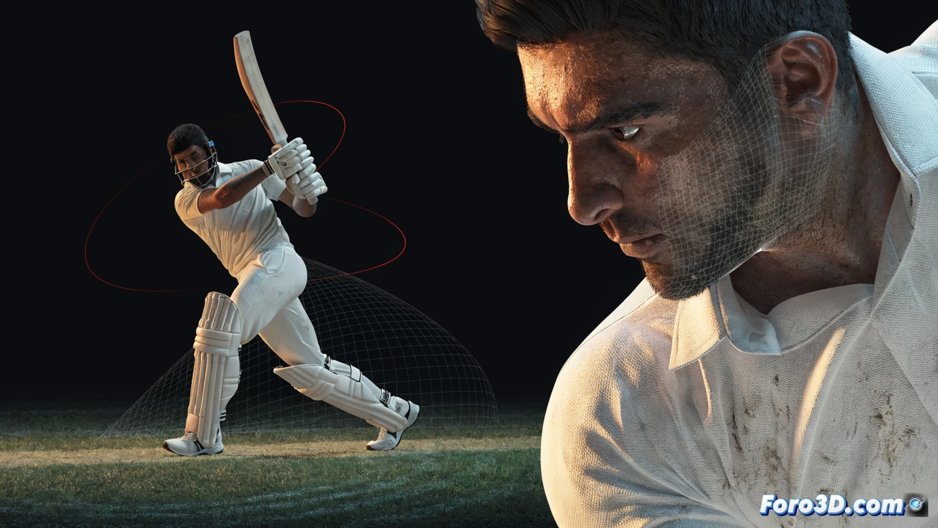 batsman playing a defensive cricket shot on a dusty pitch, rapid foot movement analysis shown with transparent ghosted poses, bat swing trajectory traced with dashed light lines, pitch surface cracks and uneven bounce indicated by small dust clouds, camera shutter speed freezing motion mid-swing, technical illustration style with wireframe overlay on player body, blue and orange heatmap gradients on limbs showing muscle activation, dramatic low-angle stadium lighting, photorealistic engineering visualization