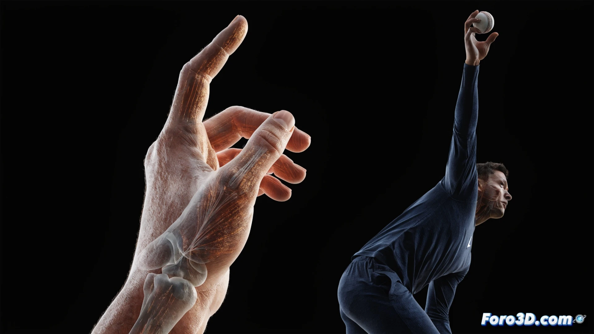 biomechanical 3D analysis of Naseem Shah cricket bowling action, high-speed motion capture sequence showing flexible wrist hyperextension at release point, arm rotating with ball leaving fingertips, skeleton overlay with glowing joint angles and trajectory lines, cricket pitch background with stumps, software interface elements like wireframe mesh and data graphs floating nearby, cinematic technical illustration style, dramatic low-angle lighting, photorealistic human anatomy with translucent skin effect, blue and orange color palette highlighting muscle tension and wrist flexion, ultra-detailed tendon and ligament visualization