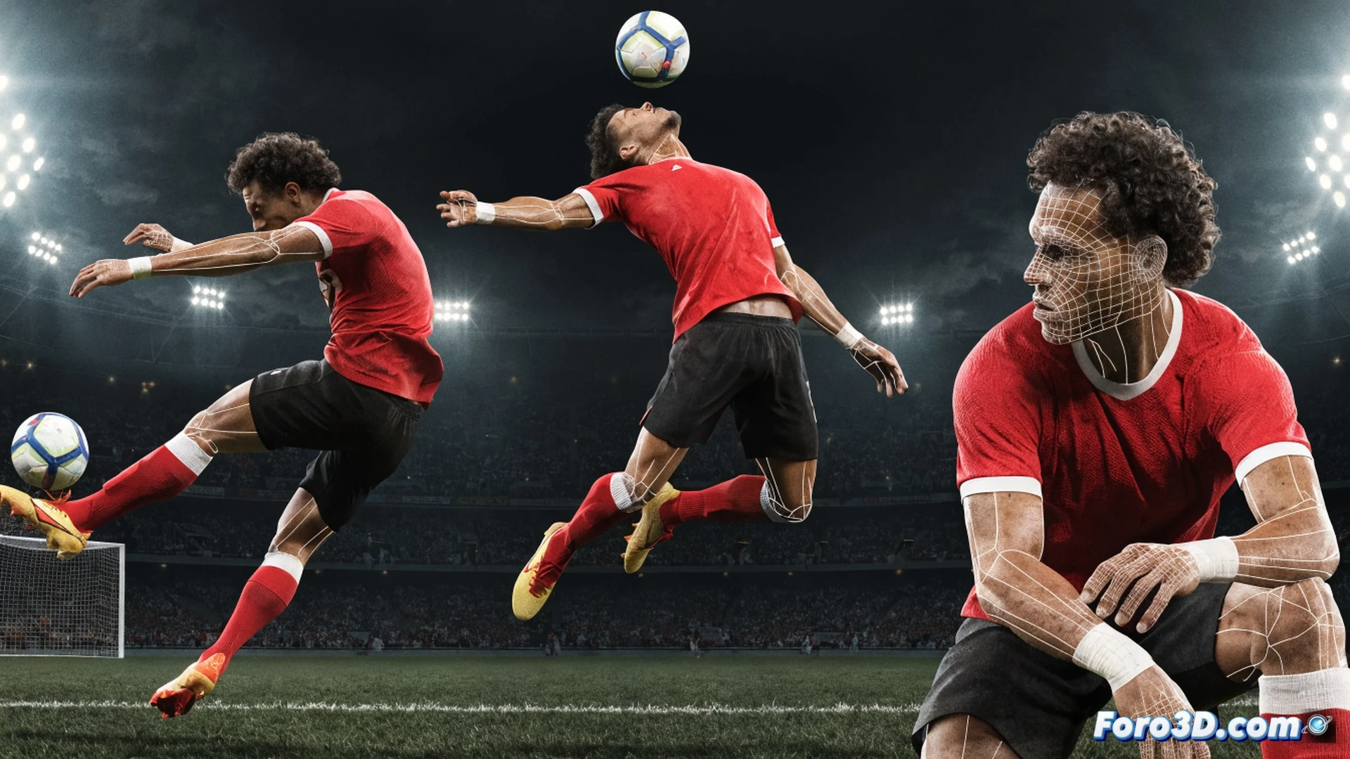 photorealistic technical illustration of a 3D biomechanical analysis scene, Radamel Falcao mid-air heading a soccer ball, motion capture markers on his body showing joint angles, a translucent skeletal overlay revealing spine rotation and neck muscle activation, glowing trajectory lines from ball to goal, a digital interface panel displaying real-time kinematic data and force vectors, stadium background blurred, dramatic low-angle light, high detail on boot studs and ball texture, cinematic sports science visualization